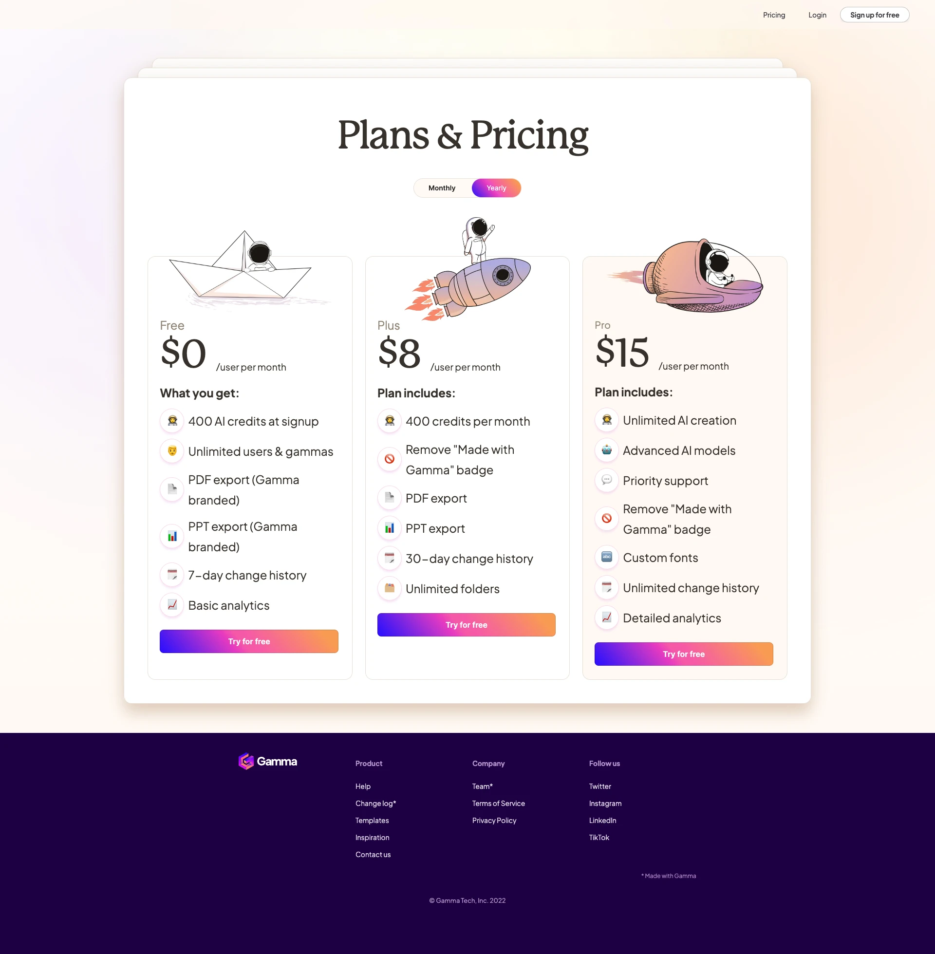 Gamma Landing Page Example: A new medium for presenting ideas, powered by AI. Create beautiful, engaging content with none of the formatting and design work.