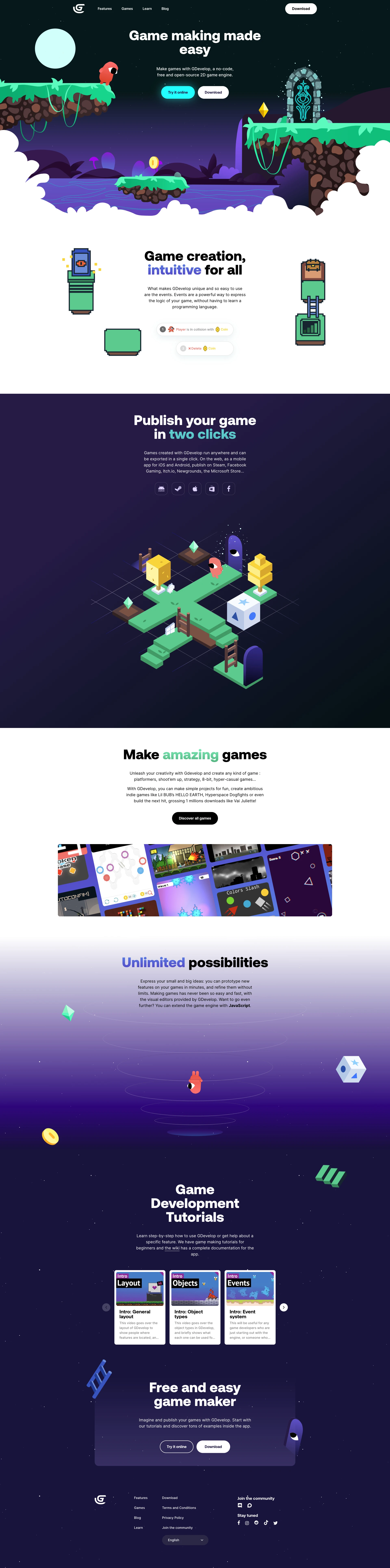 GDevelop Landing Page Example: GDevelop is a free and easy, open-source game making app. Find game development tutorials, publish to Android, iOS and more.