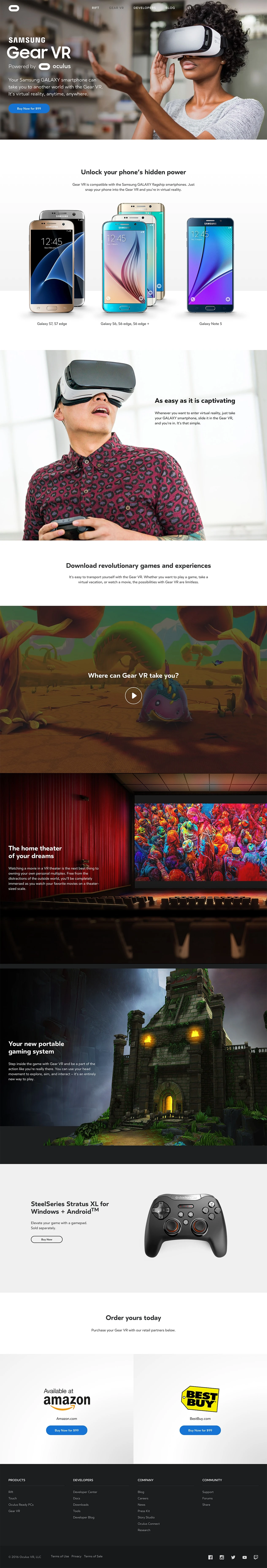 Gear VR Powered by Oculus Landing Page Example: The Gear VR is groundbreaking VR technology that combines a lightweight, wireless headset with the convenience of the full 2015 line of Samsung GALAXY smartphones.