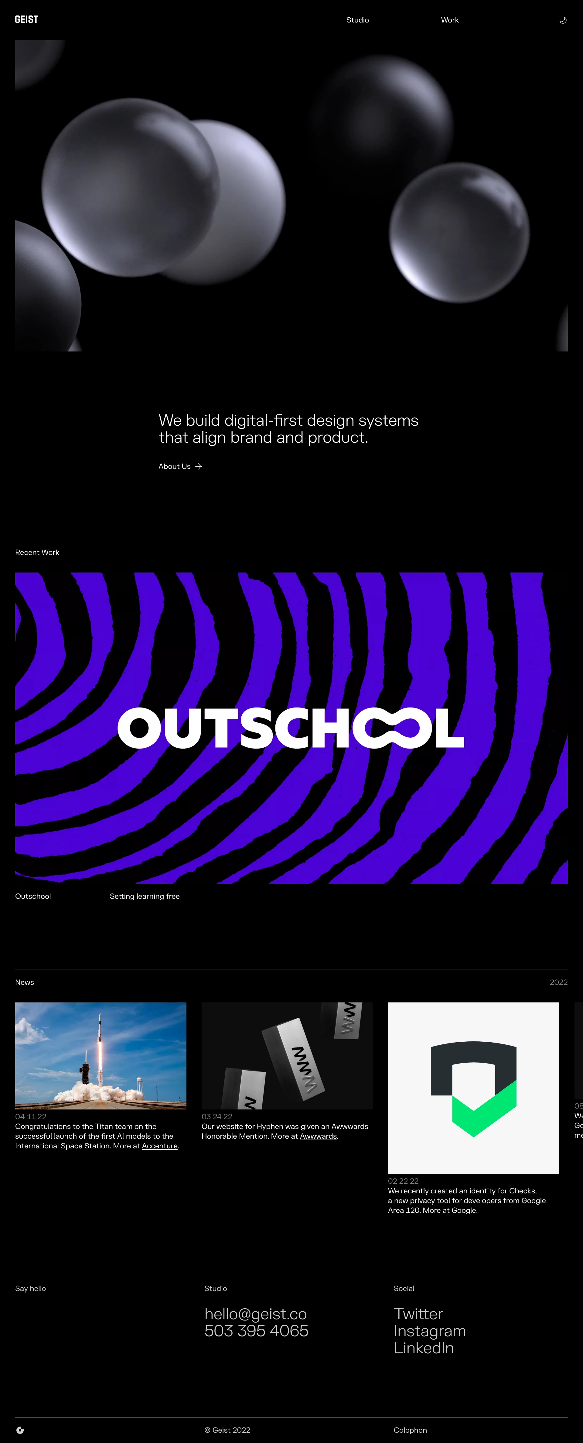 Geist Landing Page Example: A digital brand studio based in Portland and Austin. We build hybrid design systems that combine brand expression and product experience.