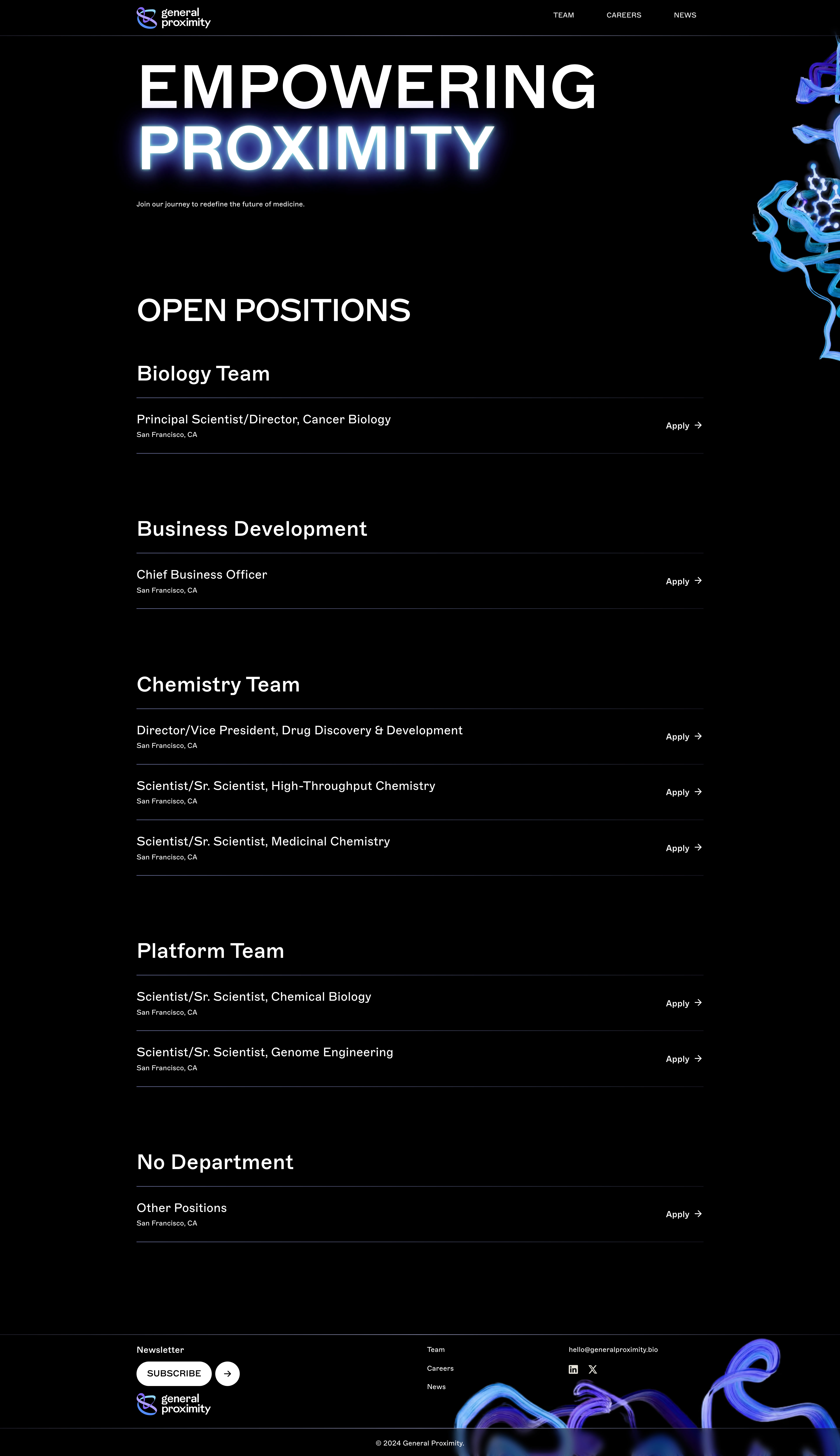 General Proximity Landing Page Example: General Proximity pioneers next-generation medicines by controlling biological processes through proximity. Redefining the future of medicine for all humankind.