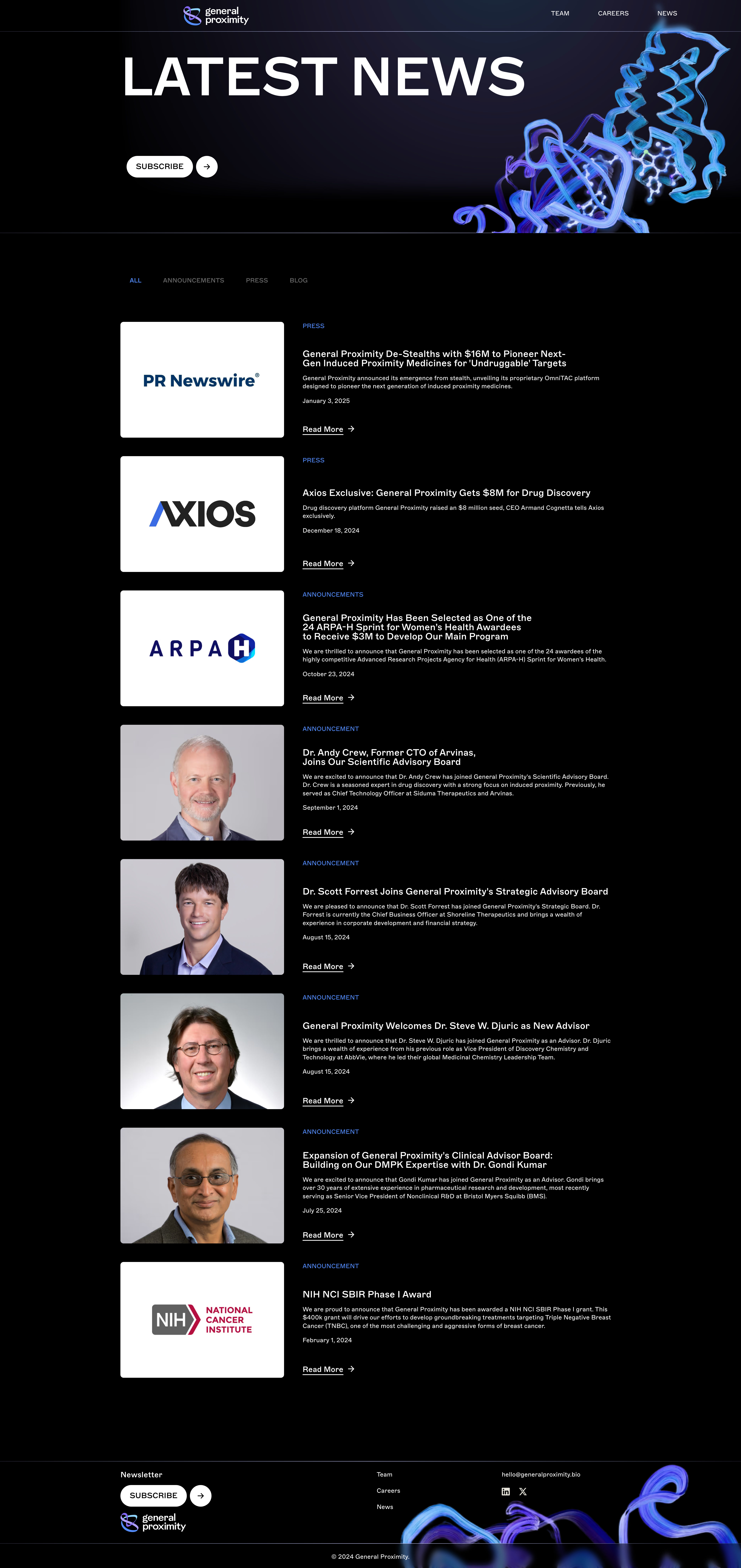 General Proximity Landing Page Example: General Proximity pioneers next-generation medicines by controlling biological processes through proximity. Redefining the future of medicine for all humankind.