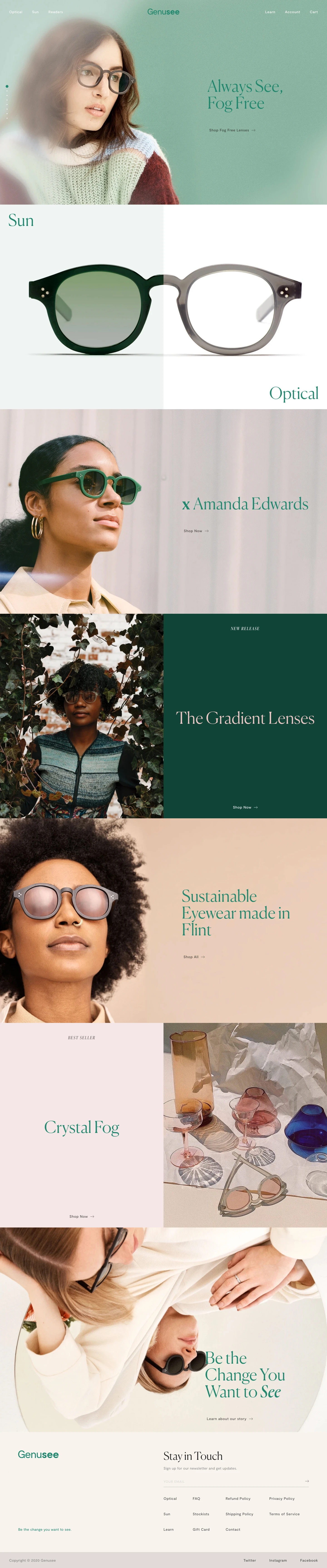 Genusee Landing Page Example: Genusee eyewear is Made in Flint, Michigan from recycled plastic water bottles as a result of the Flint Water Crisis. Every purchase upcycles 15 single-use water bottles and creates jobs for returning citizens.