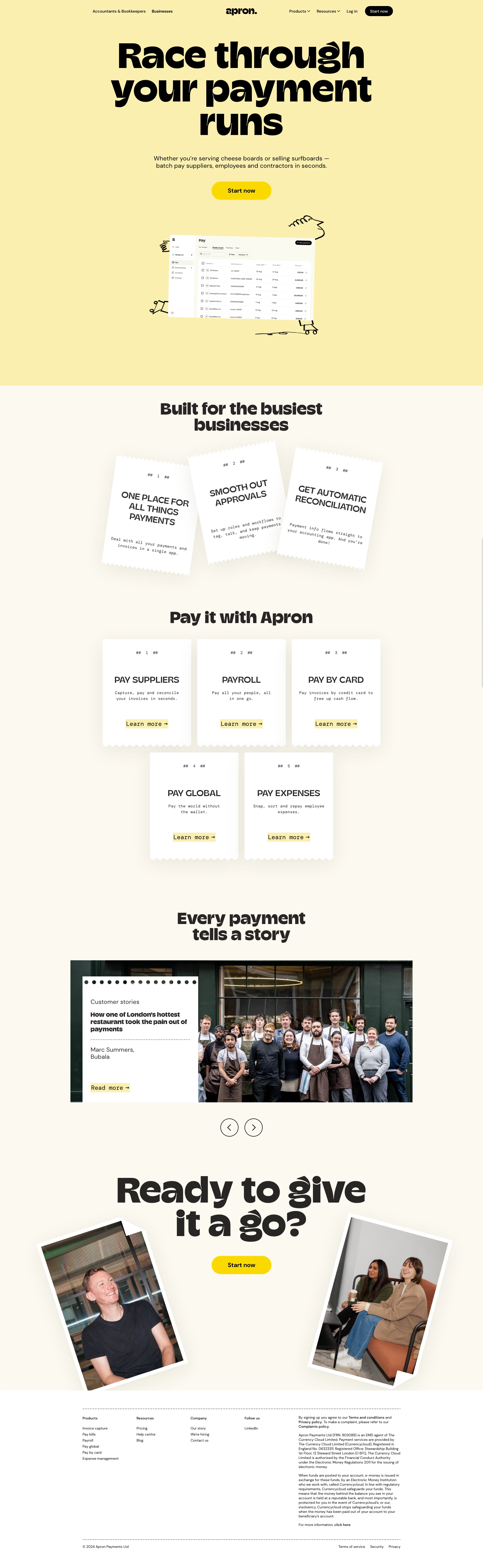 Apron Landing Page Example: Sort, pay and reconcile your invoices in seconds. Go for a walk. Reply to your mum. Plan for the future. Get creative again… You can do a lot when payments don’t eat into your week.