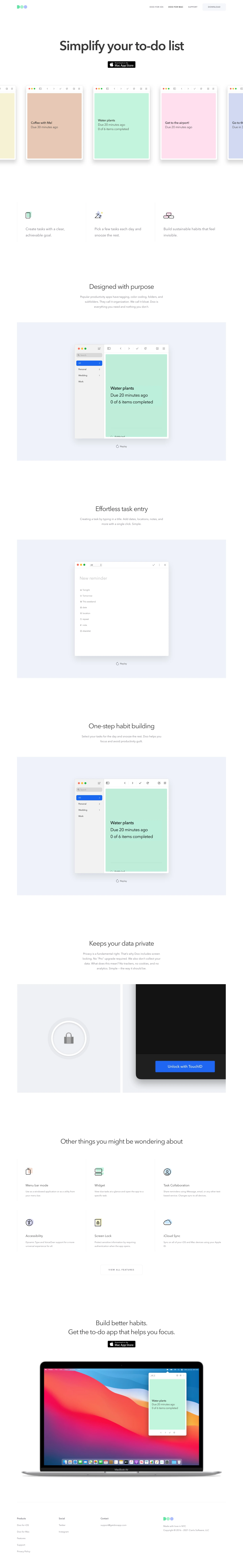 Doo Landing Page Example: Build better habits and make progress each day with a to-do app designed to help you focus. Download for iPhone, iPad, and Mac.