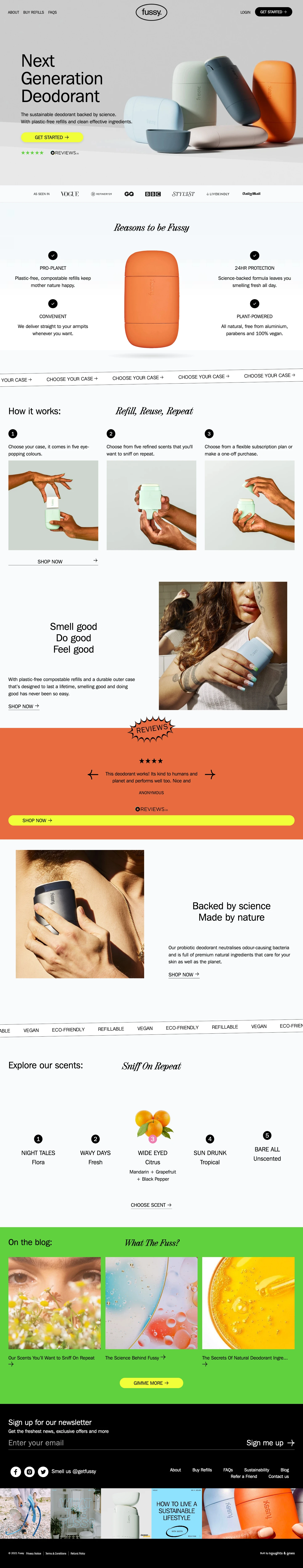 Fussy Landing Page Example: Fussy is the refillable natural deodorant with plastic-free refills and clean effective ingredients. Backed by science it will keep you smelling fresh for over 24 hours.