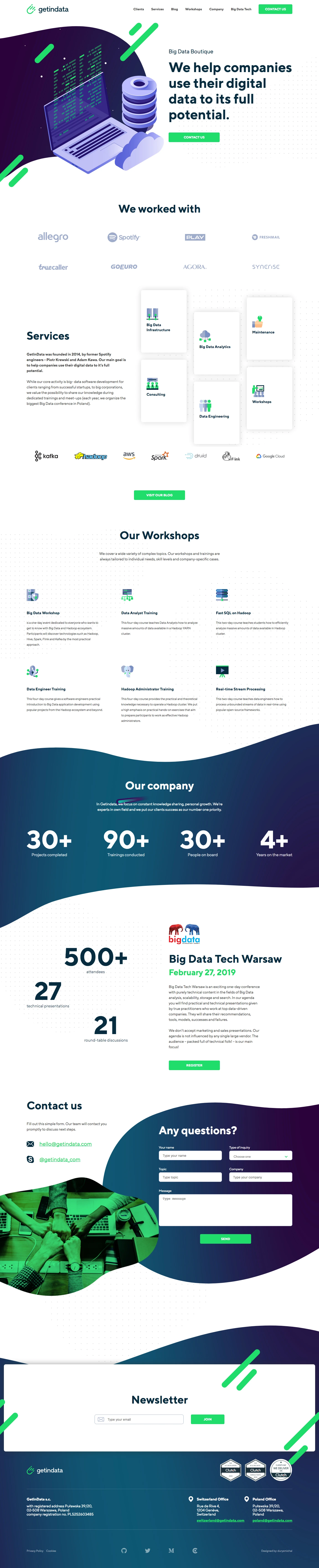 GetInData Landing Page Example: GetInData is a BigData boutique helping companies use the full potential of their digital data through analysis, consulting, workshops, and more.