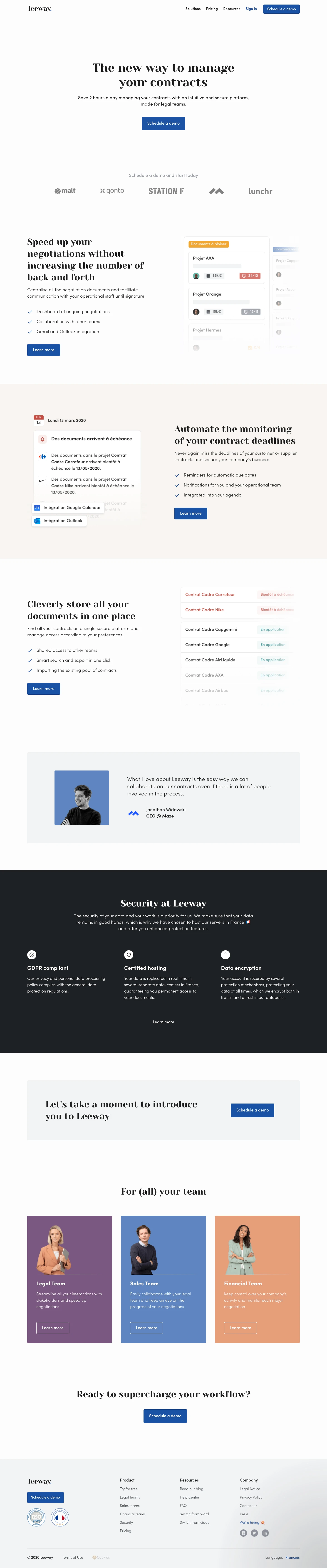 Leeway Landing Page Example: The new way to manage your contracts. Save 2 hours a day managing your contracts with an intuitive and secure platform, made for legal teams.