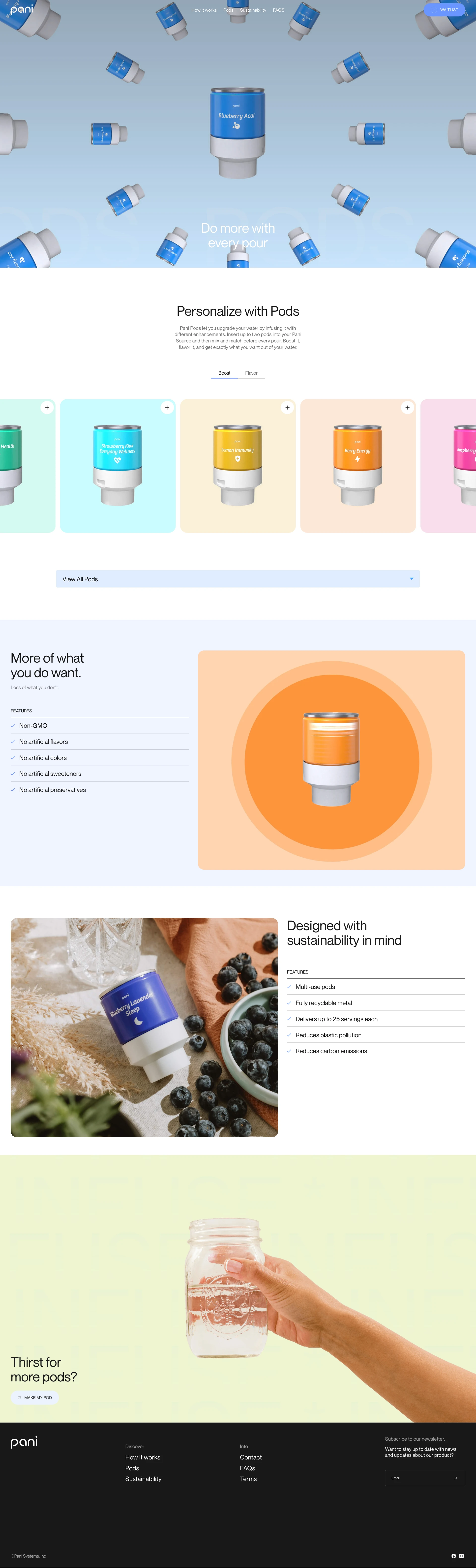 Pani Landing Page Example: Pani Source Smart Water System lets you enhance your water with minerals, vitamins and flavors. It’s craft water at your command.
