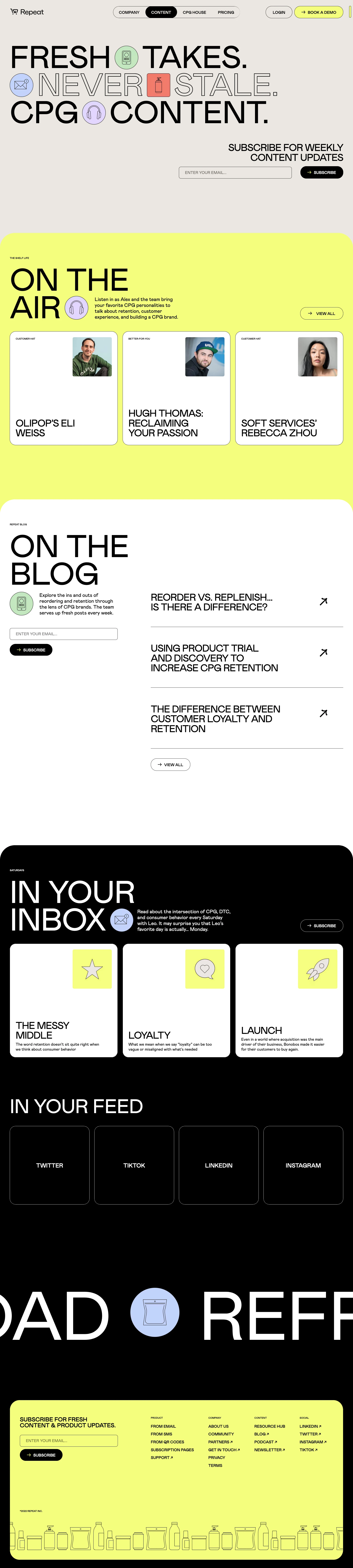 Repeat Landing Page Example: CPG brands use Repeat to give returning customers an easy reordering experience. One that is faster, personalized and backed by insight. Get more revenue from your repeat customers.