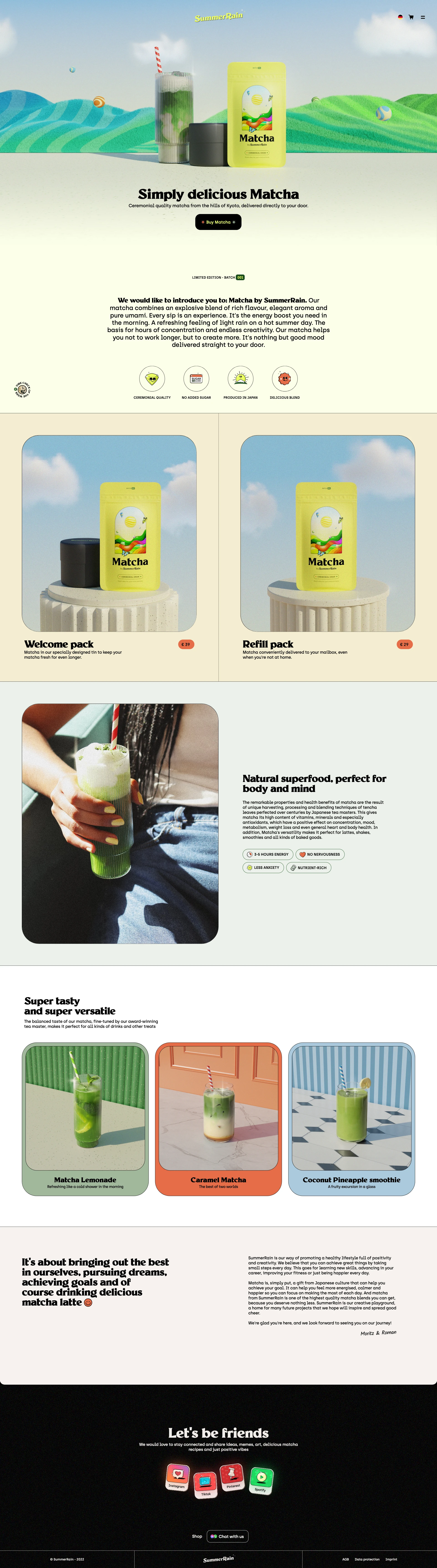 SummerRain Landing Page Example: Simply delicious Matcha. Ceremonial quality matcha from the hills of Kyoto, delivered directly to your door.