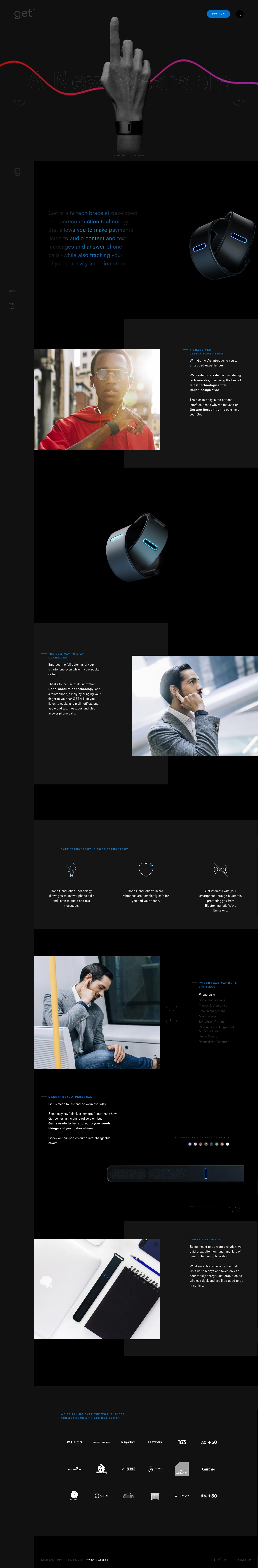 Get Wearable Landing Page Example: Get wearable is developed on bone-conduction technology. Make payments, listen to audio and text messages, answer calls, track your physical activity and biometrics.