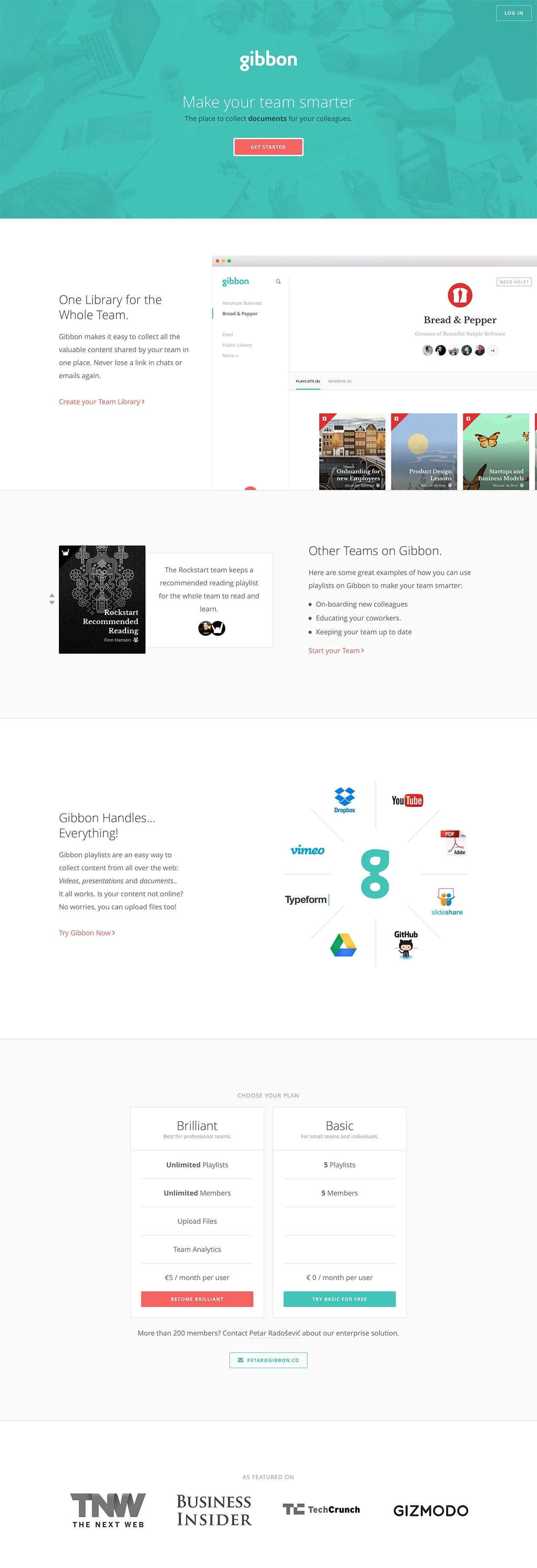 Gibbon Landing Page Example:  Use Gibbon to collect and share knowledge with your team or the whole world.
