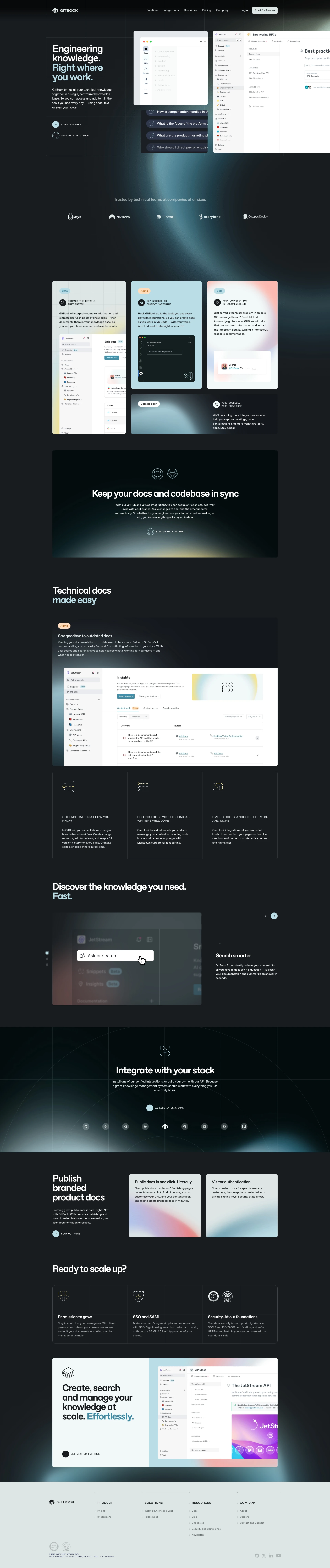 GitBook Landing Page Example: Engineering knowledge. Right where you work. GitBook brings all your technical knowledge together in a single, centralized knowledge base. So you can access and add to it in the tools you use every day — using code, text or even your voice.