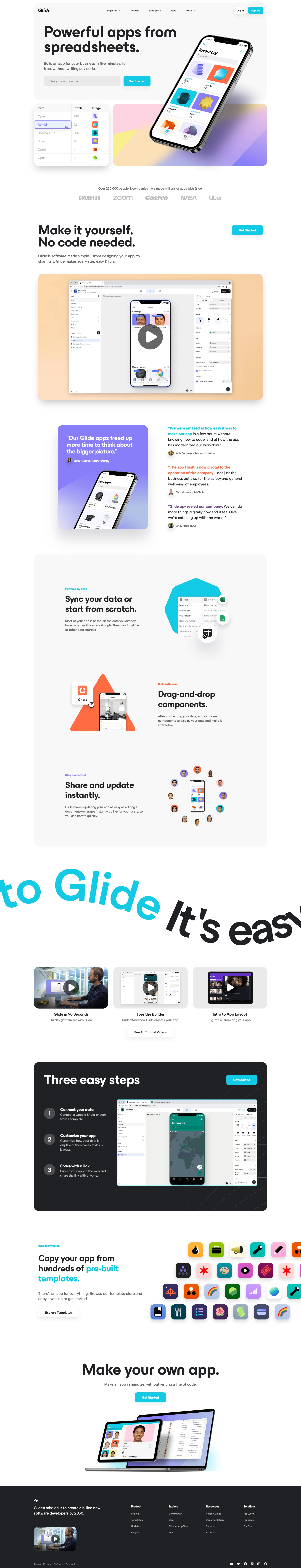 Glide Landing Page Example: Glide turns spreadsheets into powerful apps for work, without writing any code. Pick a spreadsheet or start with a template, customize your app, then share it instantly with anyone.