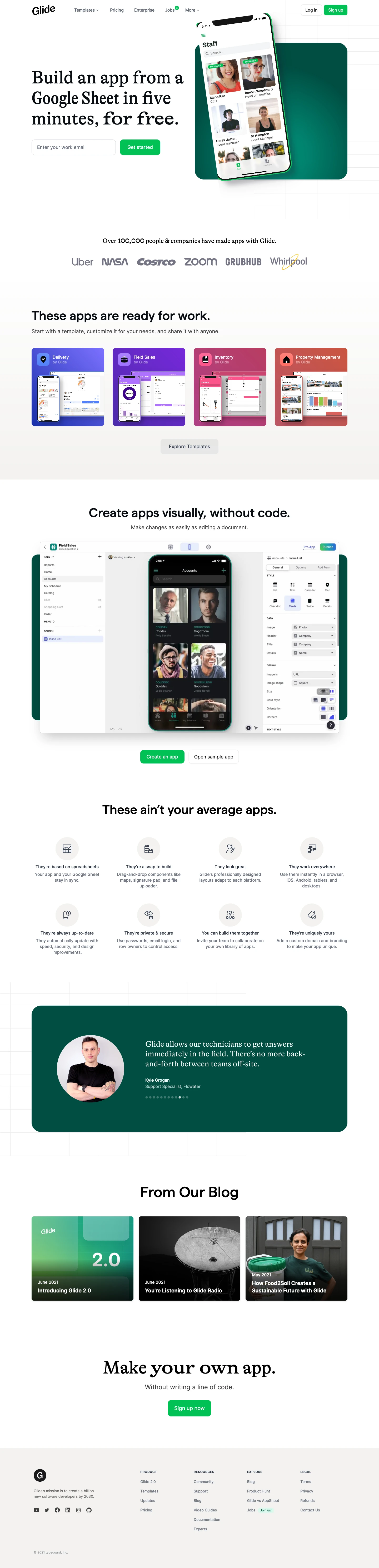 Glide Landing Page Example: Glide turns spreadsheets into beautiful, easy-to-use apps, without code. Pick a spreadsheet or start with a template, customize your app, then share it instantly with anyone. Start today for free!