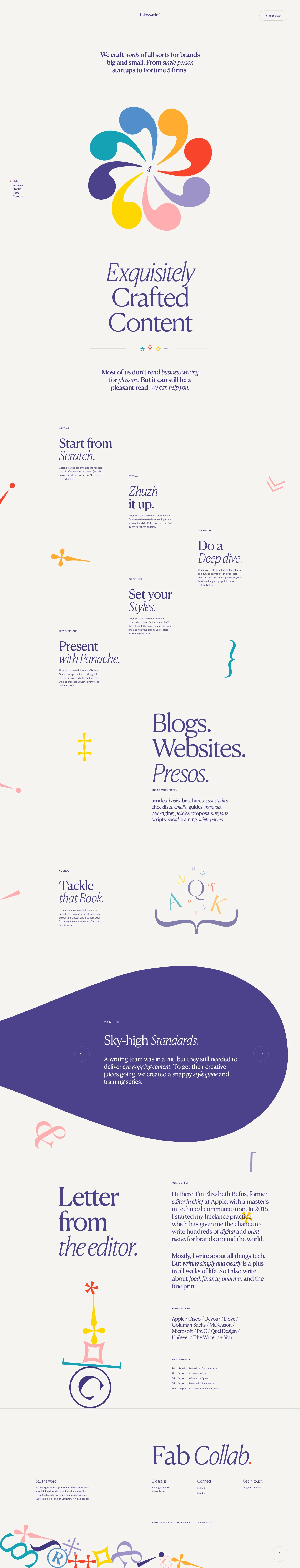 Glossarie Landing Page Example: We craft words of all sorts for brands big and small. From single-person startups to Fortune 5 firms.
