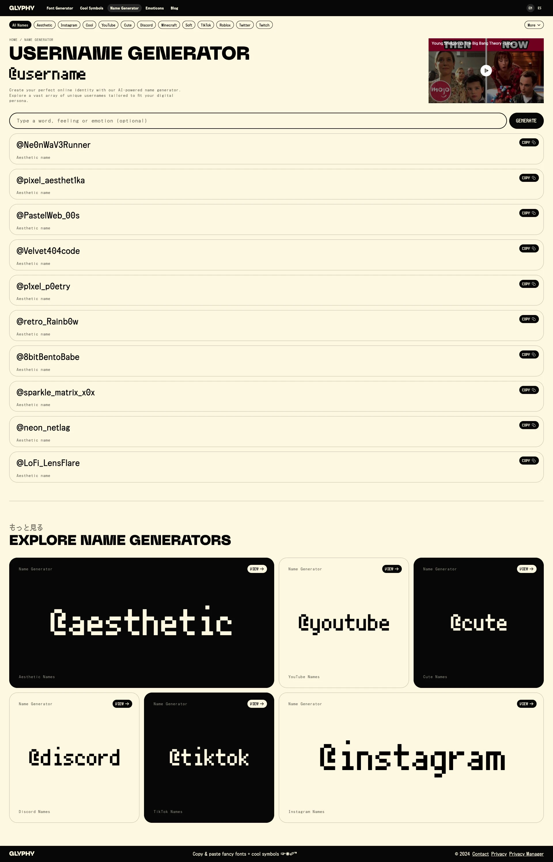 Glyphy Landing Page Example: Copy and paste 400+ fancy fonts, over 10k cool symbols and emoticons, and generate names for Instagram, Discord, Twitter, Facebook, and TikTok!