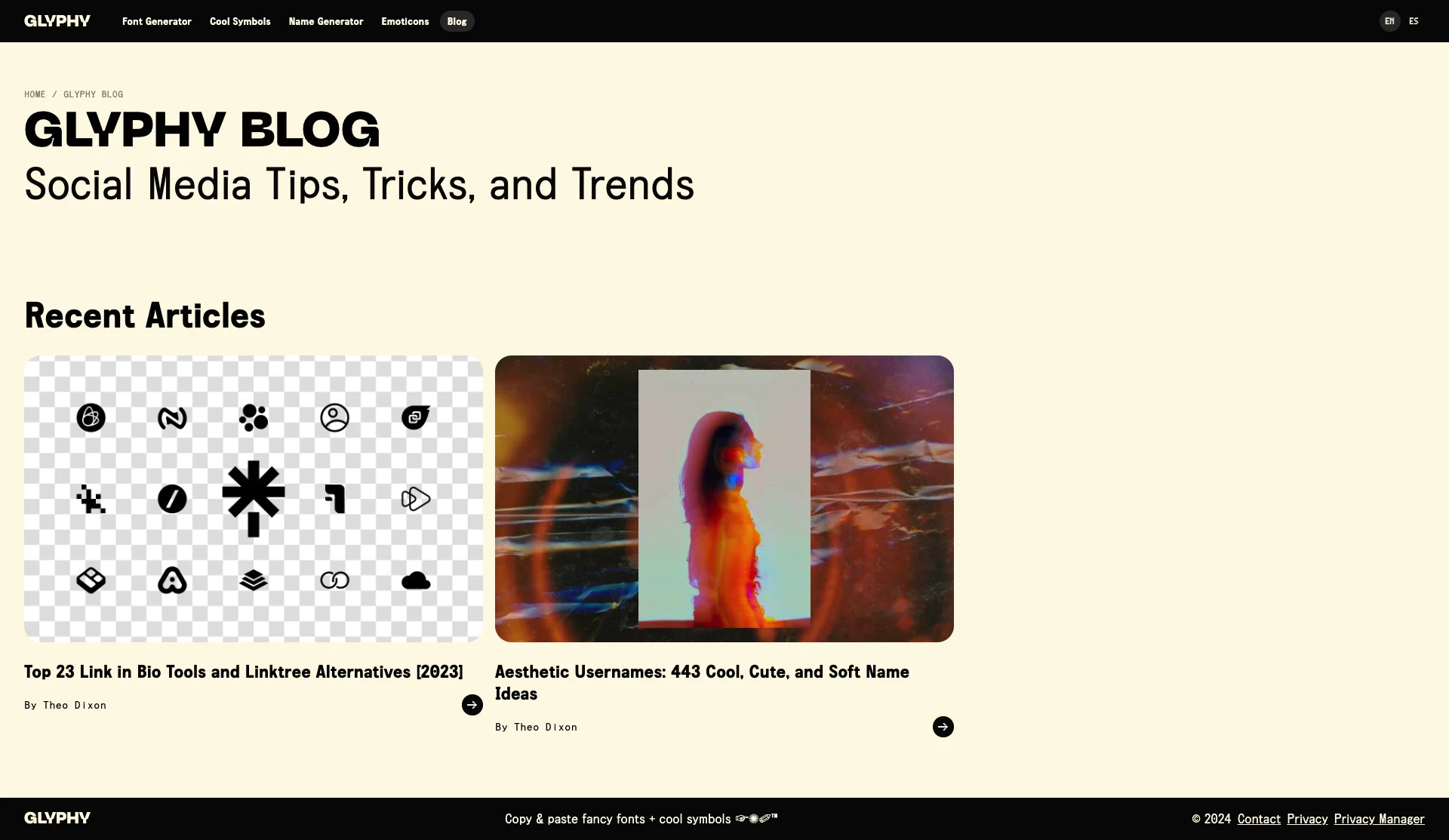 Glyphy Landing Page Example: Copy and paste 400+ fancy fonts, over 10k cool symbols and emoticons, and generate names for Instagram, Discord, Twitter, Facebook, and TikTok!