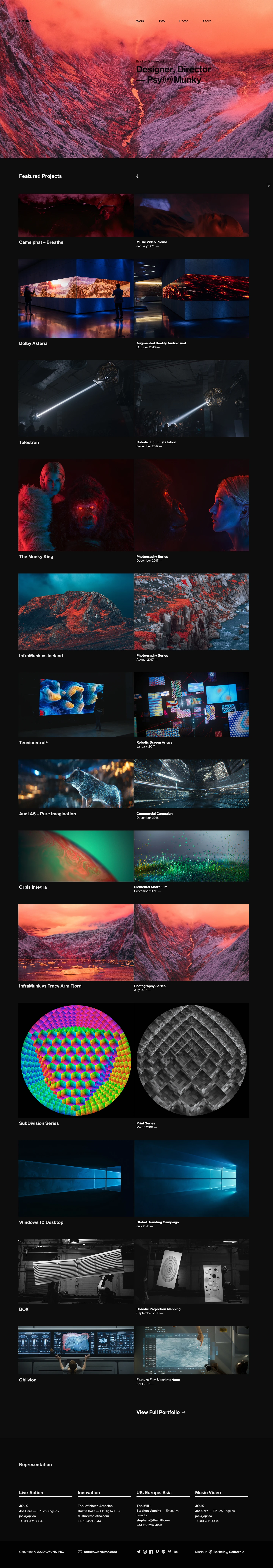 GMUNK Landing Page Example: GMUNK is a visionary whose creativity and innovation spans multiple platforms, and has established himself as one of the top visual and design directors in the world. Utilizing a fusion of science-fiction themes, psychedelic palettes, and practical in-camera effects, his signature style is enigmatic, atmospheric, and metaphysical – much like the Munky himself.