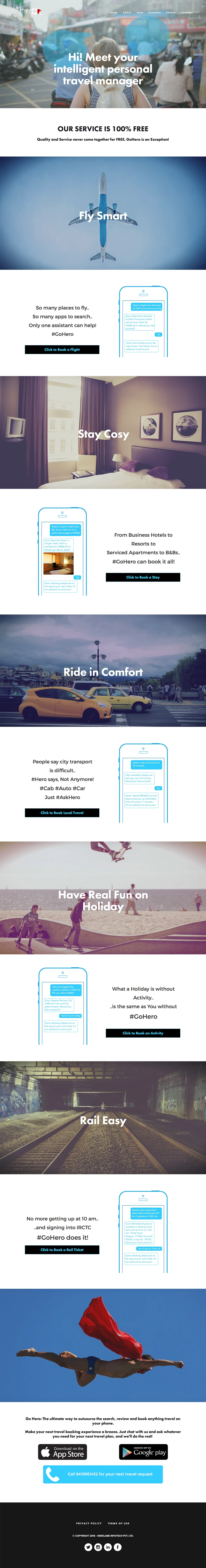 GoHero.ai Landing Page Example: Go Hero is a personal travel concierge app via chat available on iOS, Android