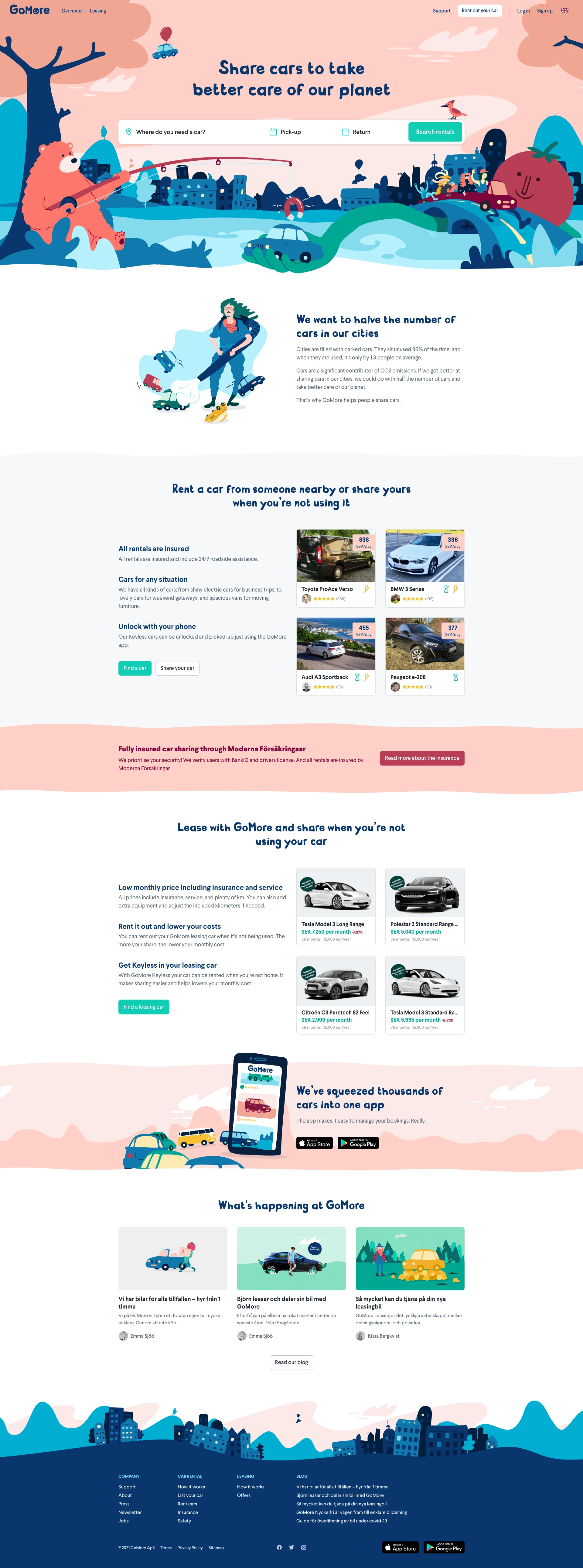 GoMore Landing Page Example: GoMore is Sweden's largest site for peer-to-peer car rental and leasing. Share cars and take better care of the planet with GoMore.