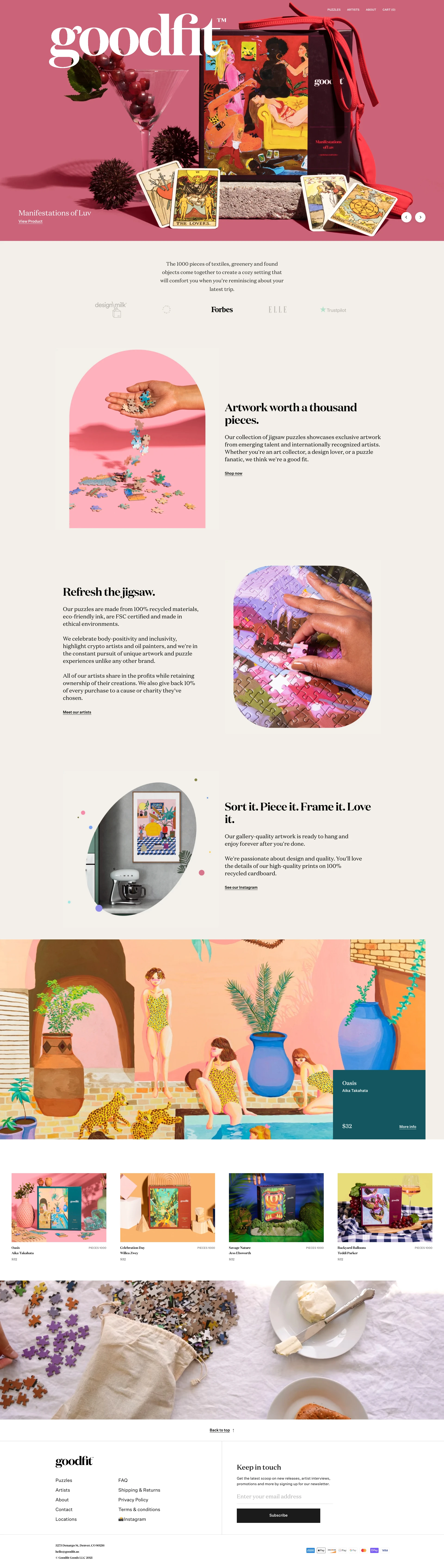 Goodfit Landing Page Example: We work with artists to create modern jigsaw puzzles that spotlight culture, friendship, and change. We give back 10% of every purchase to a cause selected by the artist.