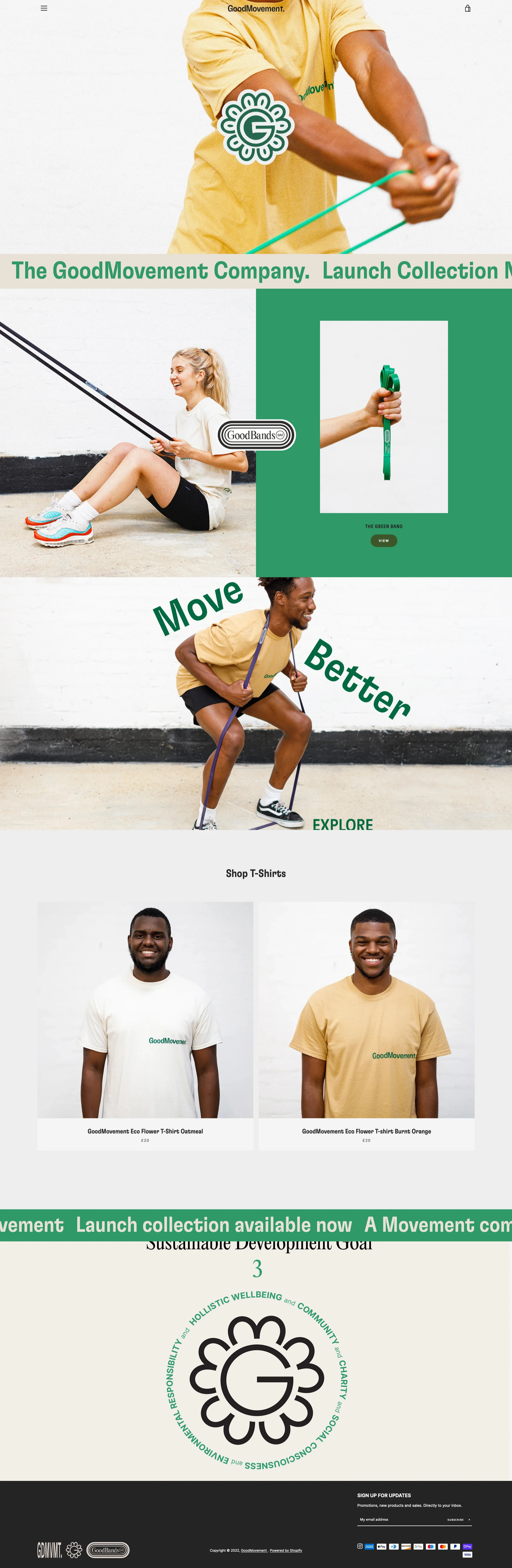 GoodMovement Landing Page Example: GoodMovement lifestyle medicine brand. Launch collection now available selling GoodBands resistance bands and Promotional Eco Flower logo T- shirts. On a mission to make the world a happier and healthier place through movement.
