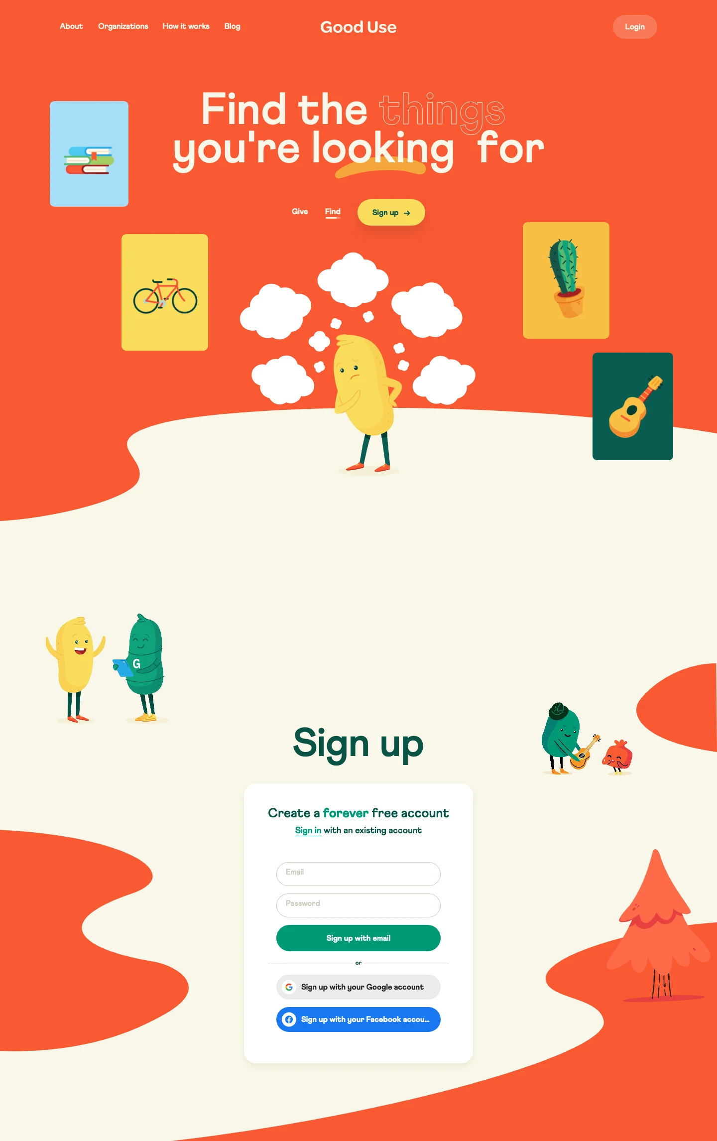 Good Use Landing Page Example: Good Use is a free platform to give and receive goods locally. We all have things to give—time, talent, and things we no longer use. Good Use lets you find the right person or organization who truly needs and appreciates those things.