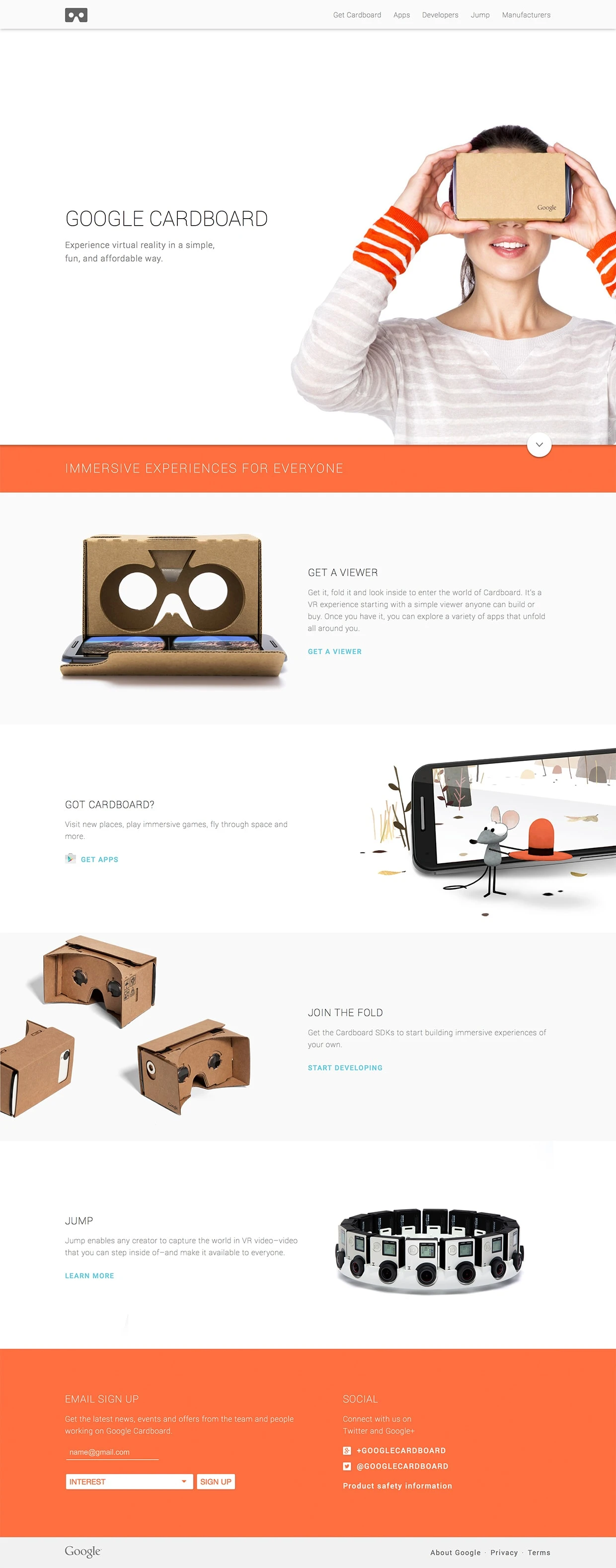 Google Cardboard Landing Page Example: Turn your smartphone into a virtual reality viewer that’s simple, fun, and affordable.