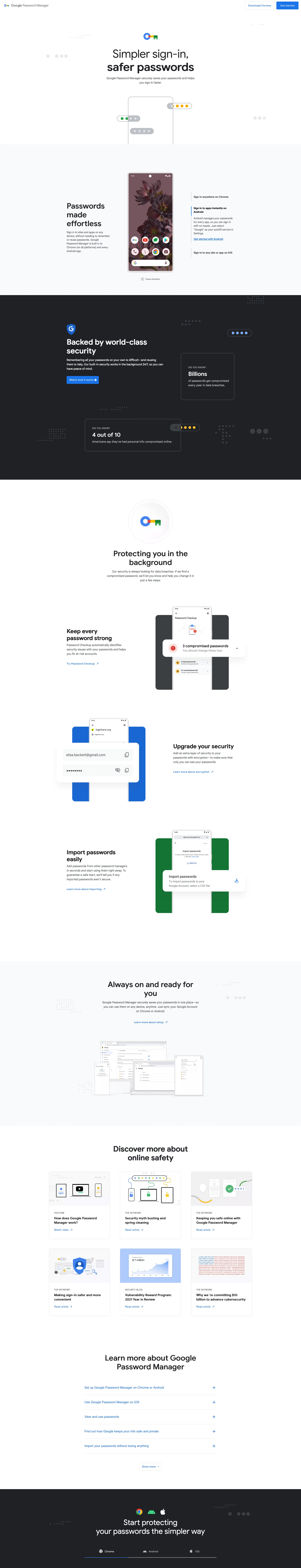 Google Password Manager Landing Page Example: Manage, store, and create secure passwords with Google Password Manager and easily sign in to sites in your Chrome browser and Android and iOS apps.