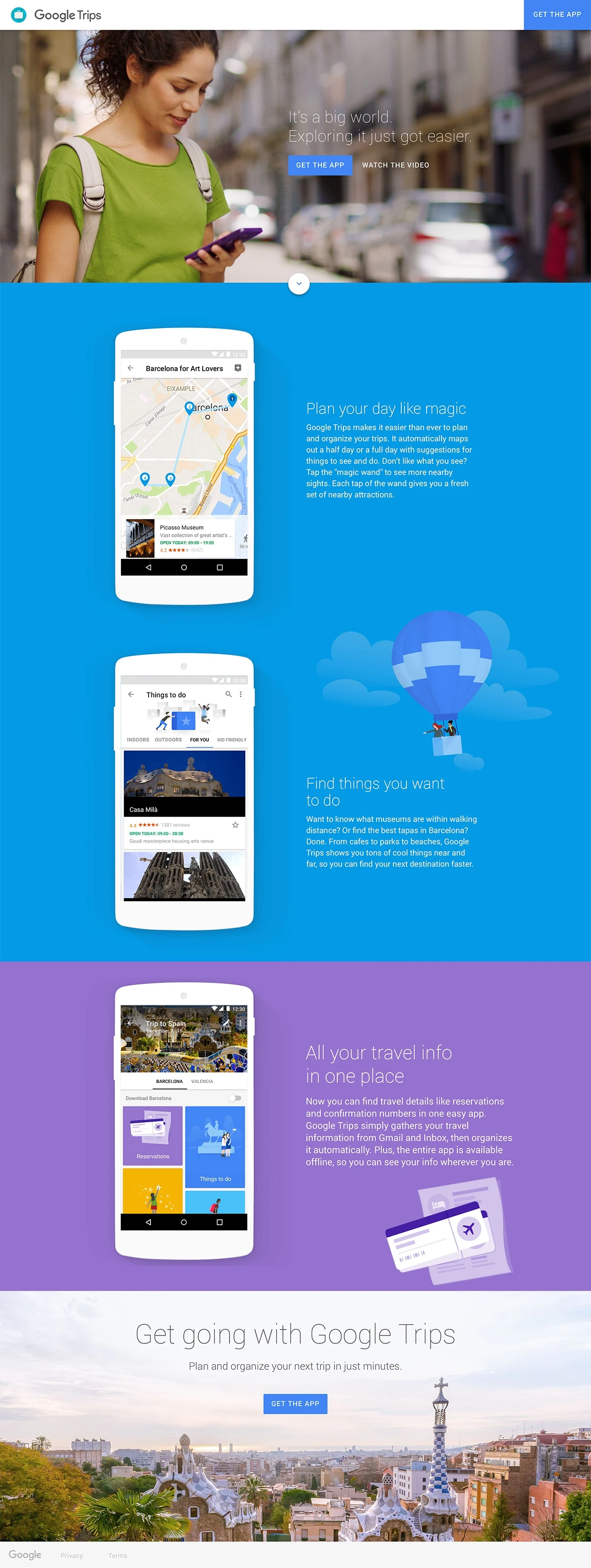 Google Trips Landing Page Example: Google Trips makes it easier than ever to plan and organize your trips. It automatically maps out a half day or a full day with suggestions for things to see and do. 
