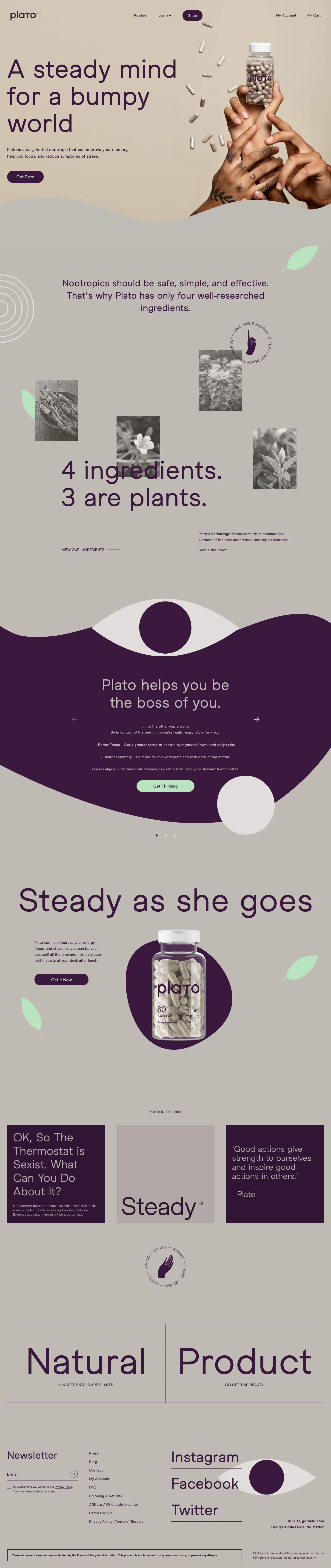Plato Landing Page Example: Plato is a daily herbal nootropic that can improve your memory, help you focus, and reduce symptoms of stress.