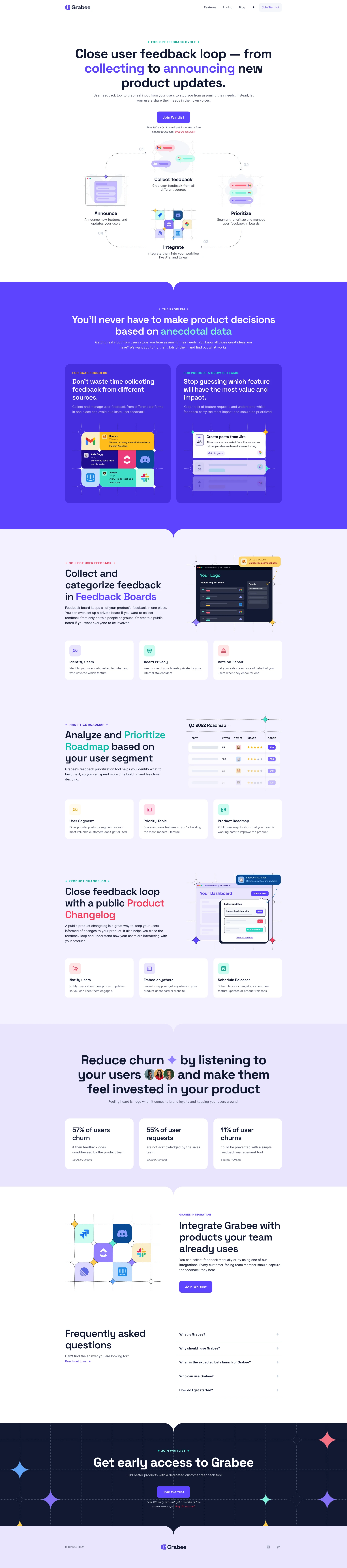 Grabee Landing Page Example: Grabee is a feedback management tool which helps you collect, manage and prioritize user feedback from different platforms and channels.
