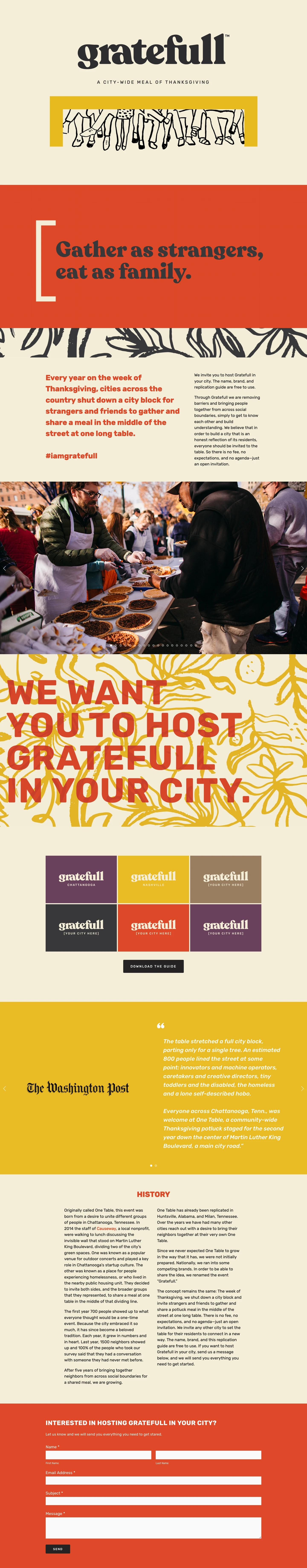 gratefull Landing Page Example: Every year on the week of Thanksgiving, cities across the country shut down a city block for strangers and friends to gather and share a meal in the middle of the street at one long table.