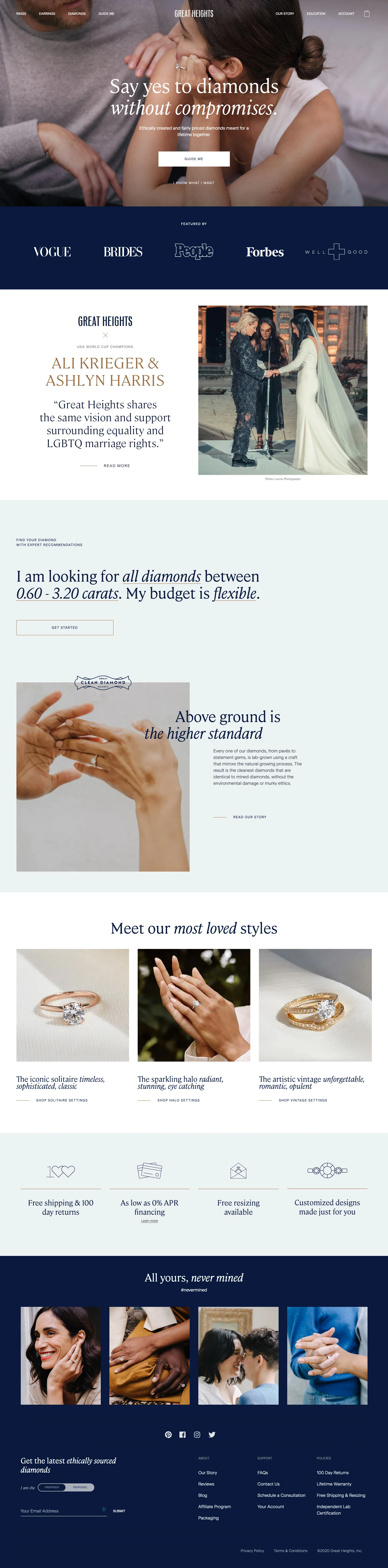 Great Heights Landing Page Example: Ethically created and fairly priced lab-grown diamonds meant for a lifetime together. Experience the difference of a clean diamond with Great Heights.