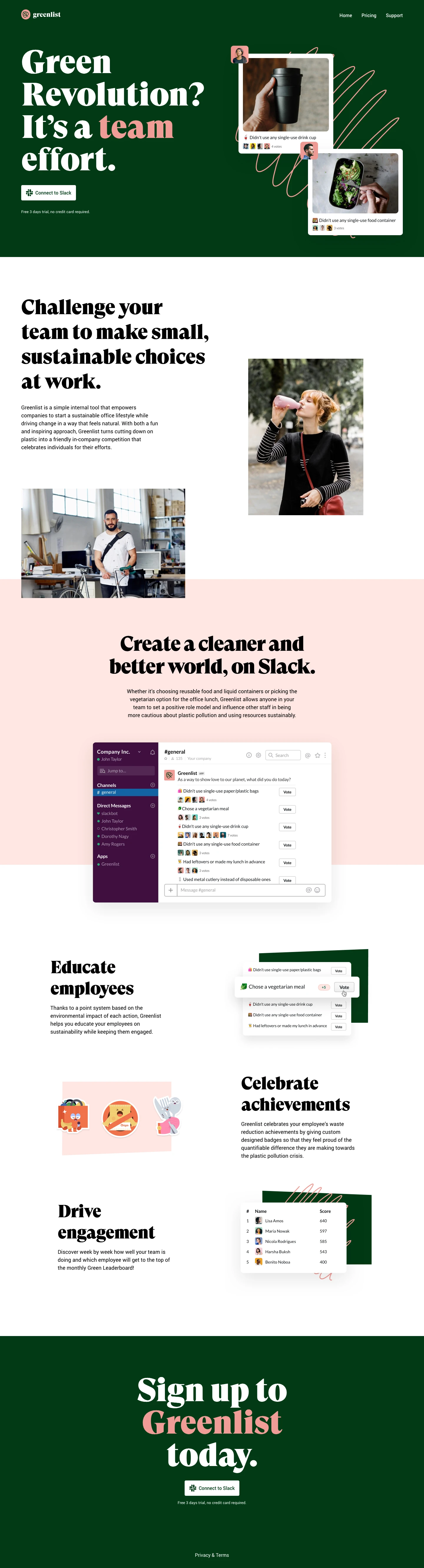 Greenlist Landing Page Example: Greenlist is a simple internal tool that empowers companies to start a sustainable office lifestyle while driving change in a way that feels natural.