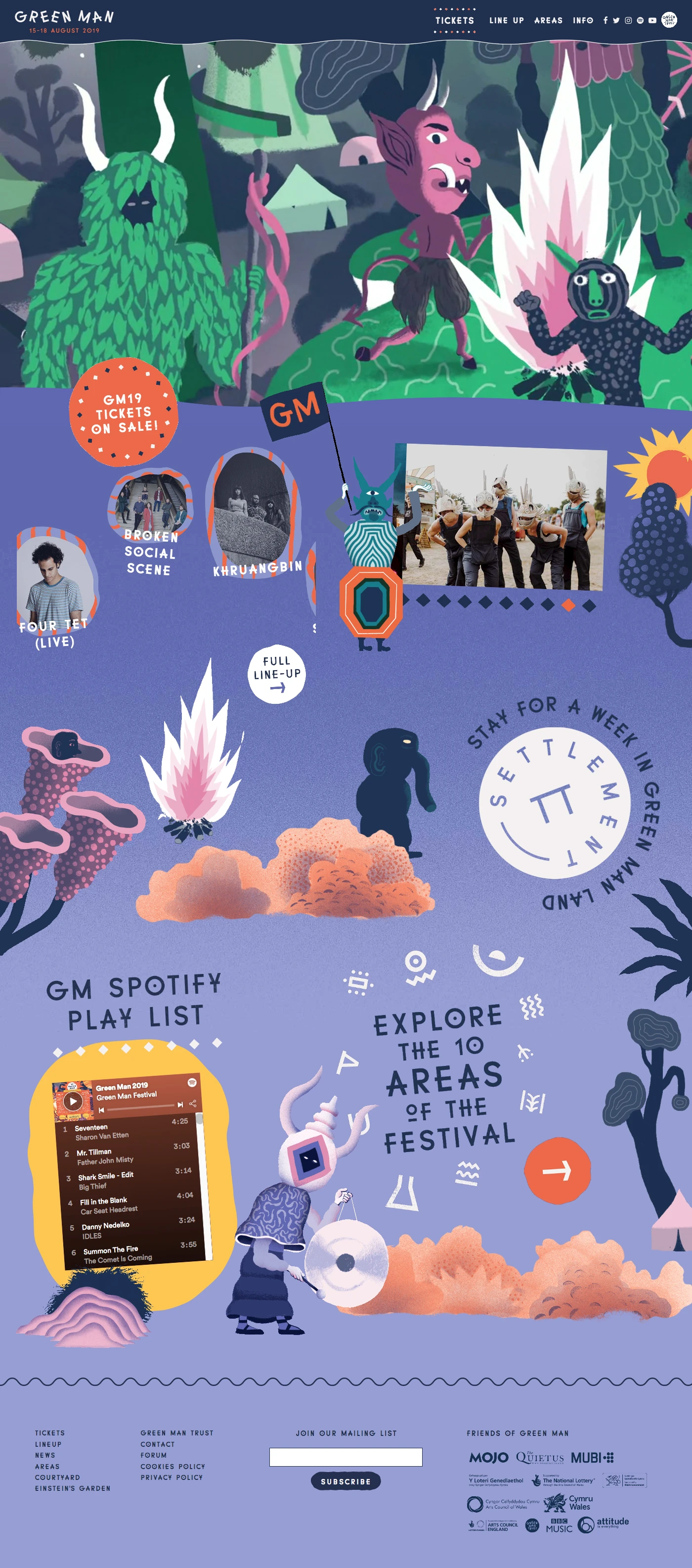 Green Man Festival Landing Page Example: 15-18 August 2019. Ten Areas of Music, Comedy, Literature, Cinema, Welsh Beer, Science, Art. The friendliest festival in the universe.
