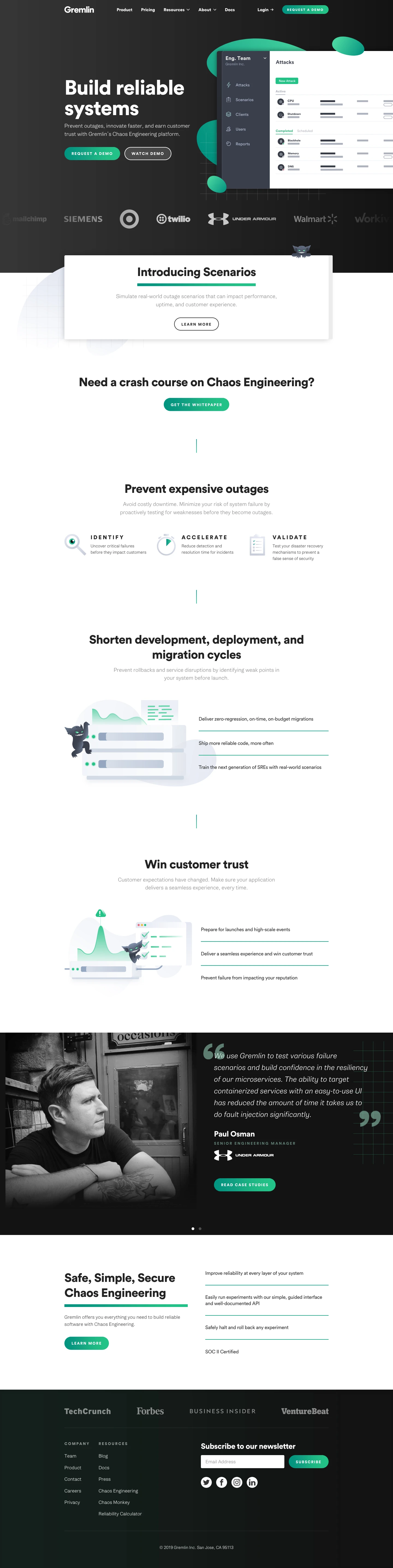 Gremlin Landing Page Example: Prevent outages, innovate faster, and earn customer trust with Gremlin’s Chaos Engineering platform.