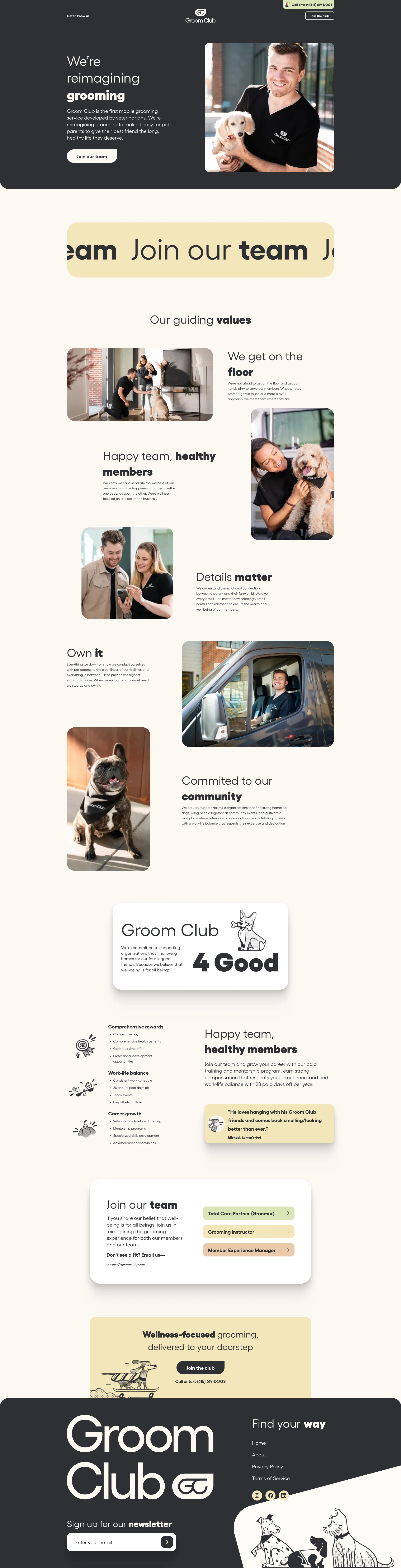 Groom Club Landing Page Example: Wellness-focused grooming, delivered to your doorstep. The first mobile dog grooming service developed by vets for happy, healthy pets.