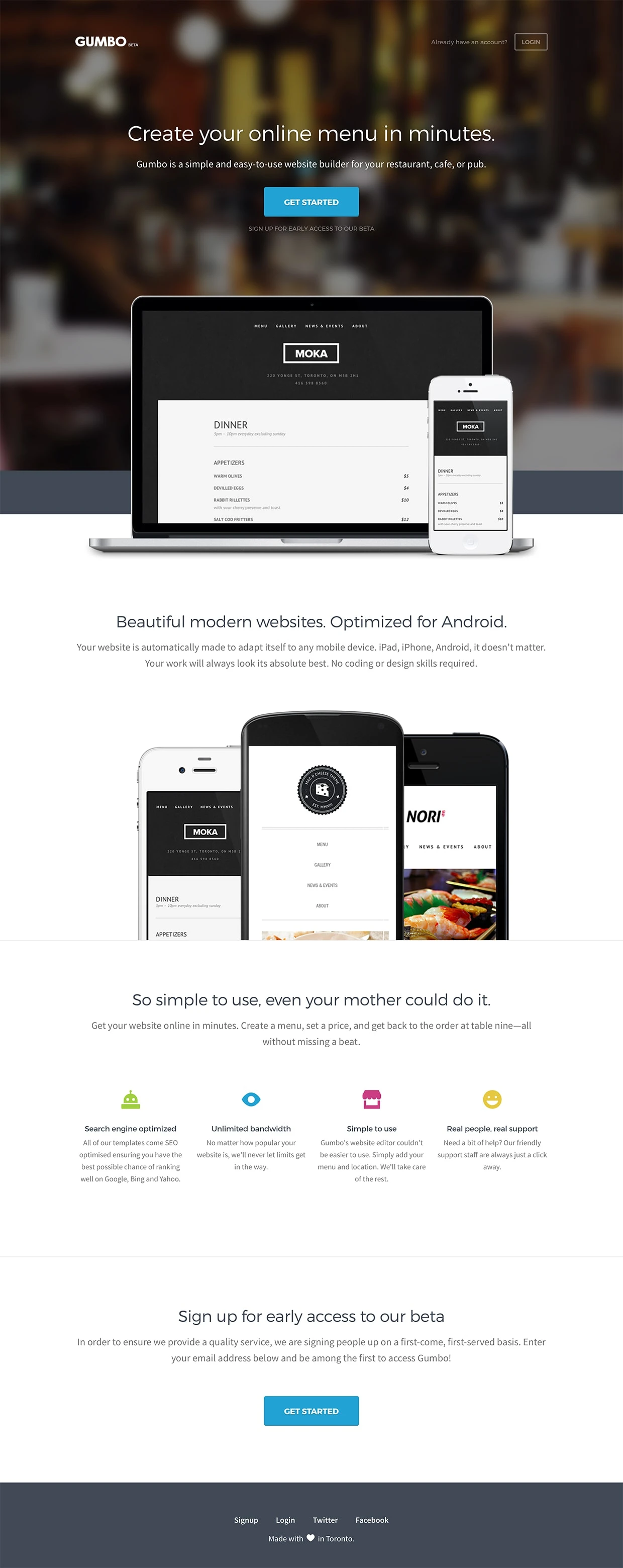 Gumbo Landing Page Example: Create your online menu