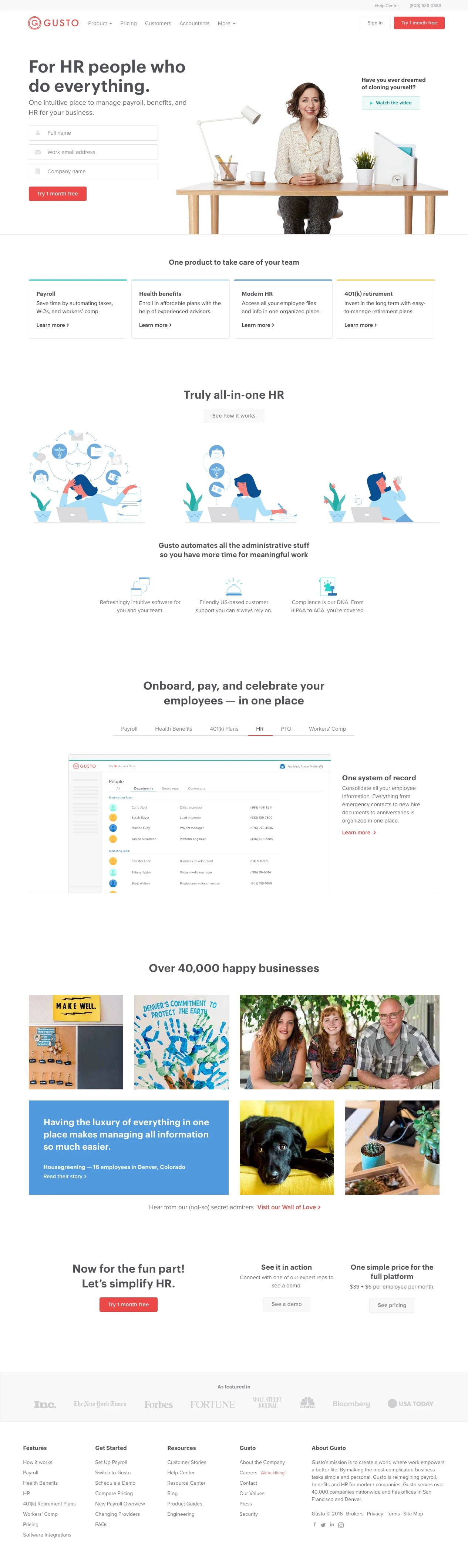 Gusto Landing Page Example: Online HR Services: Payroll, Benefits and everything else