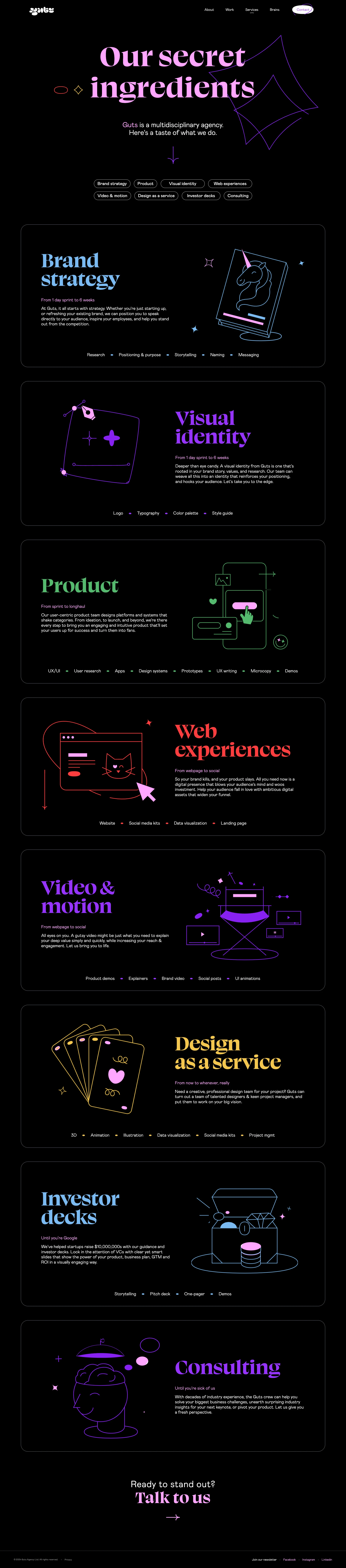 Guts Agency Landing Page Example: Guts is a creative agency in Tel Aviv. We give bold companies a brave voice through brand & strategy, digital experiences, and products that break categories.