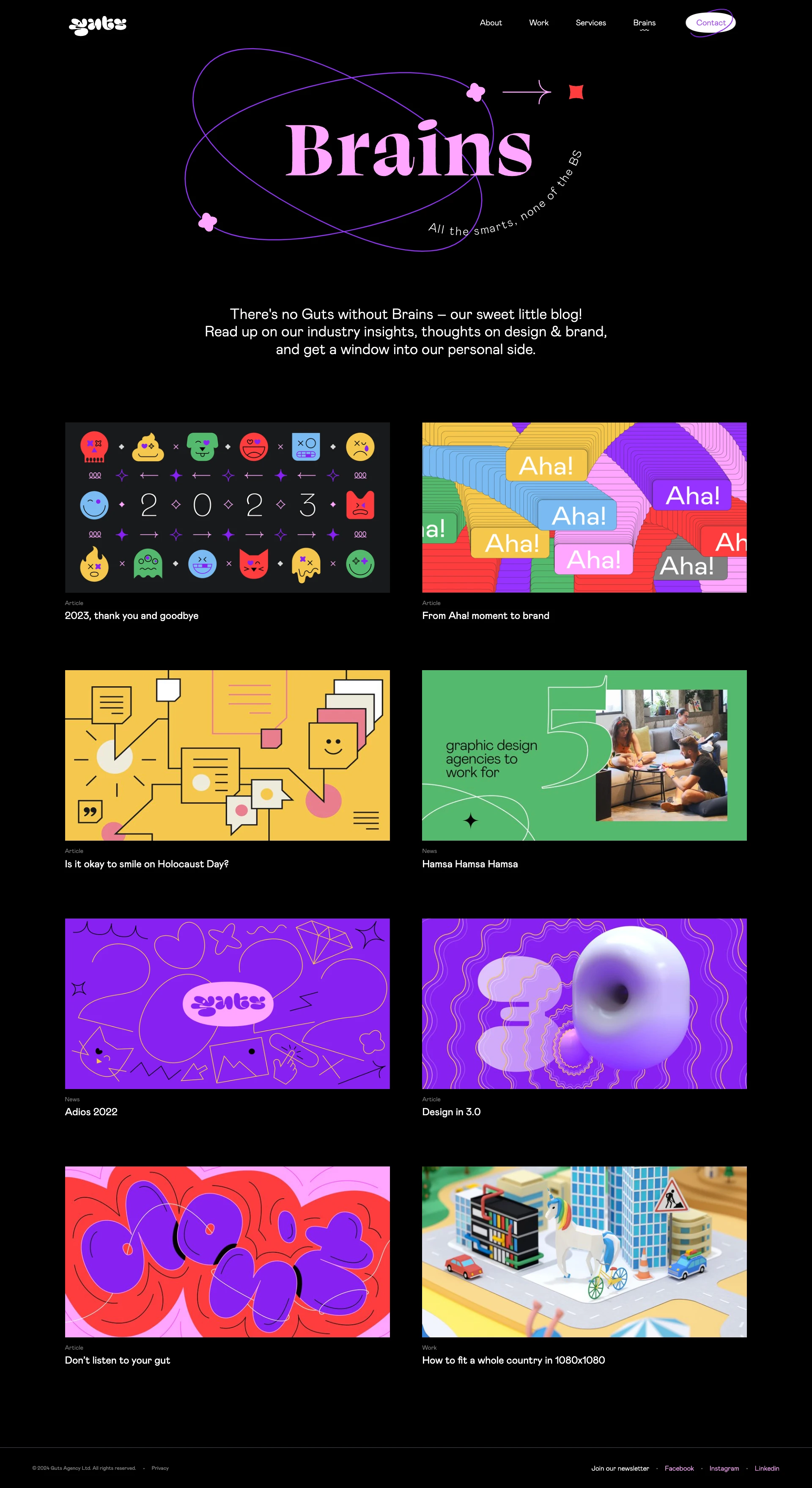 Guts Agency Landing Page Example: Guts is a creative agency in Tel Aviv. We give bold companies a brave voice through brand & strategy, digital experiences, and products that break categories.