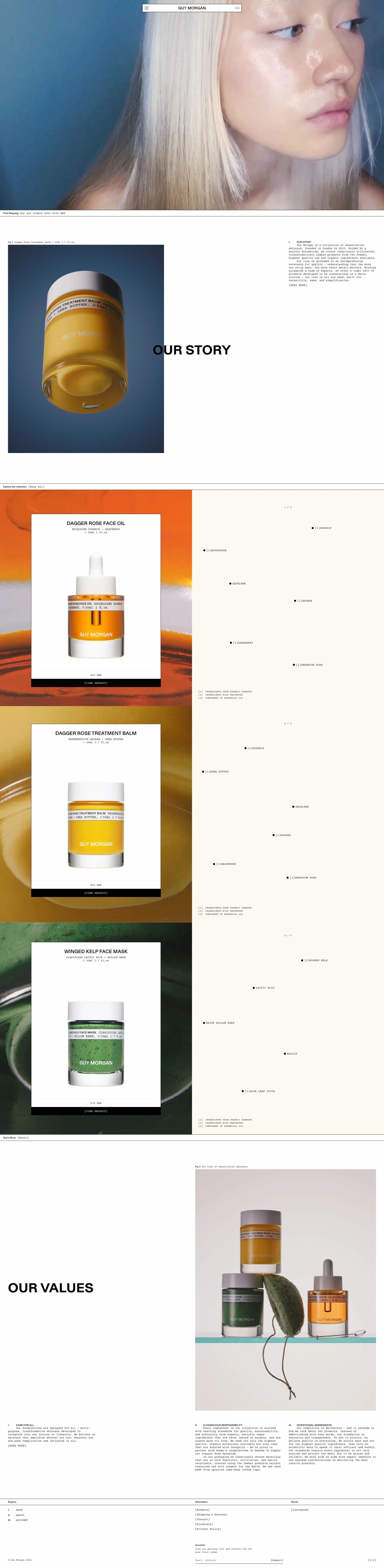 Guy Morgan Landing Page Example: Guy Morgan is a collection of essentialist skincare, founded in London in 2015. Guided by a soulful minimalism, we create luxuriously utilitarian, transformatively simple products from the fewest, highest quality raw and organic ingredients available.