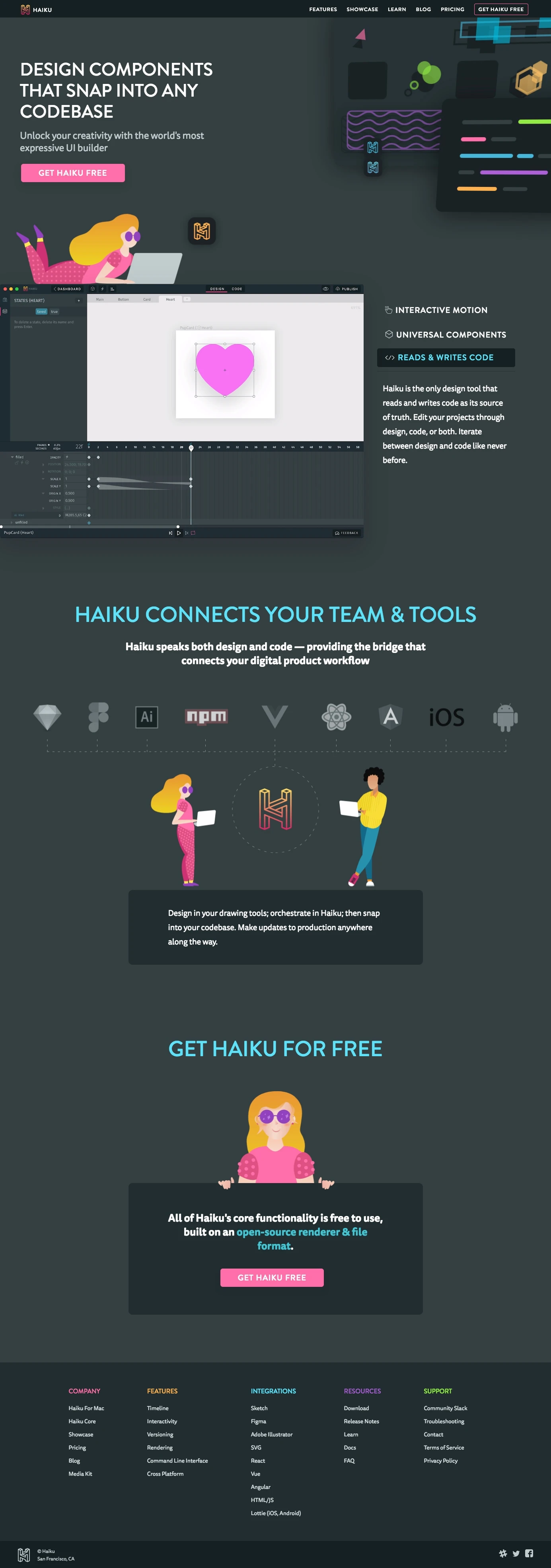 Haiku Landing Page Example: Where designing is building. Create dynamic, cross-platform UIs using design tools, code, or both. Works with any iOS, Android, or Web codebase.