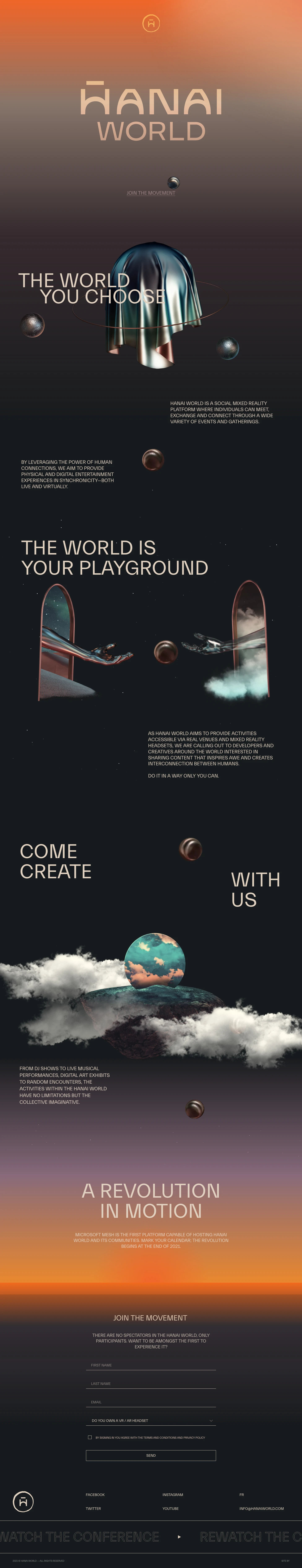 Hanai World Landing Page Example: Hanai World is a social mixed reality platform where individuals can meet, exchange and connect through a wide variety of events and gatherings.