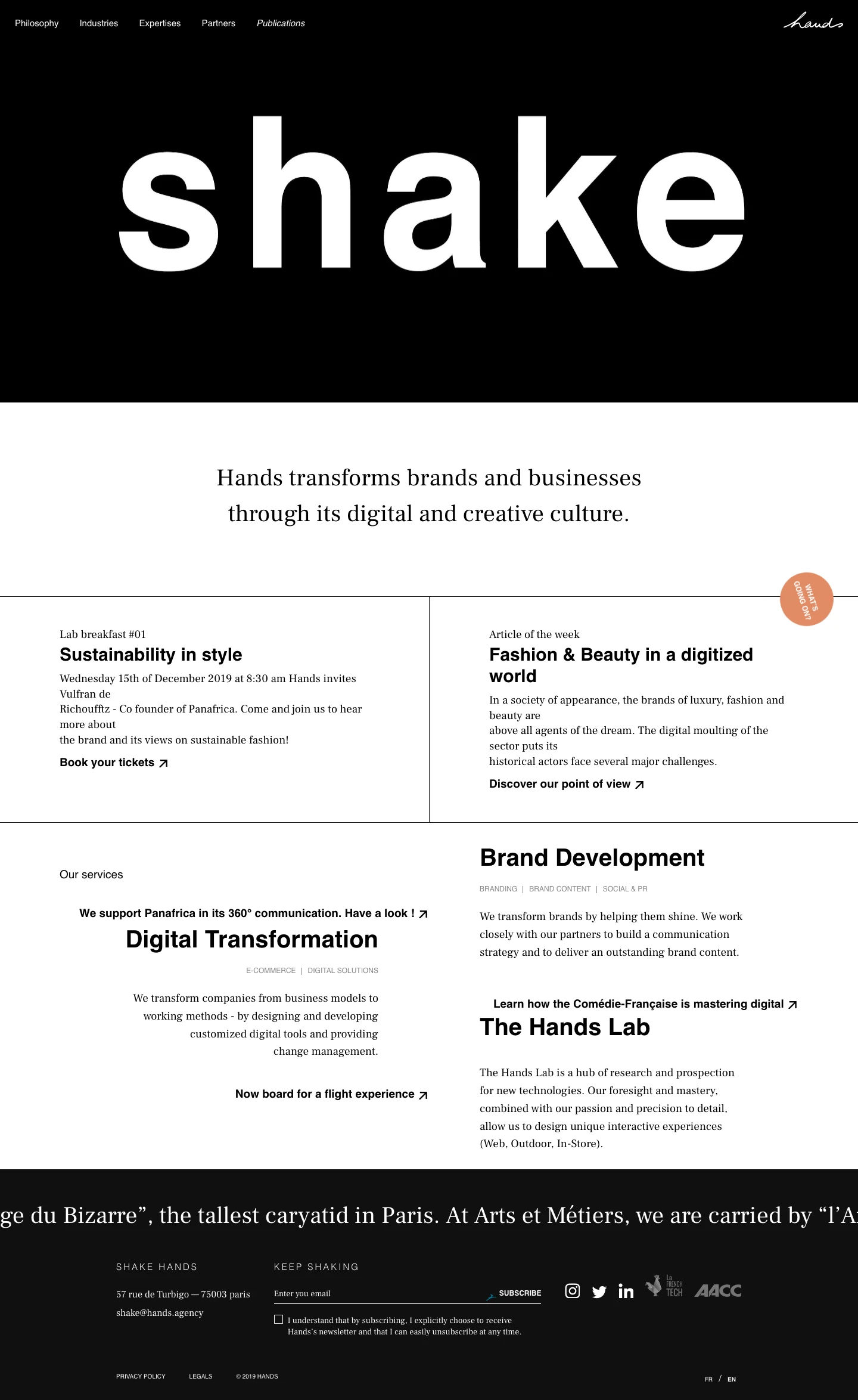 Hands Landing Page Example: Hands transforms brands and businesses through its digital culture of creativity, promoting a sustainable competitive advantage.