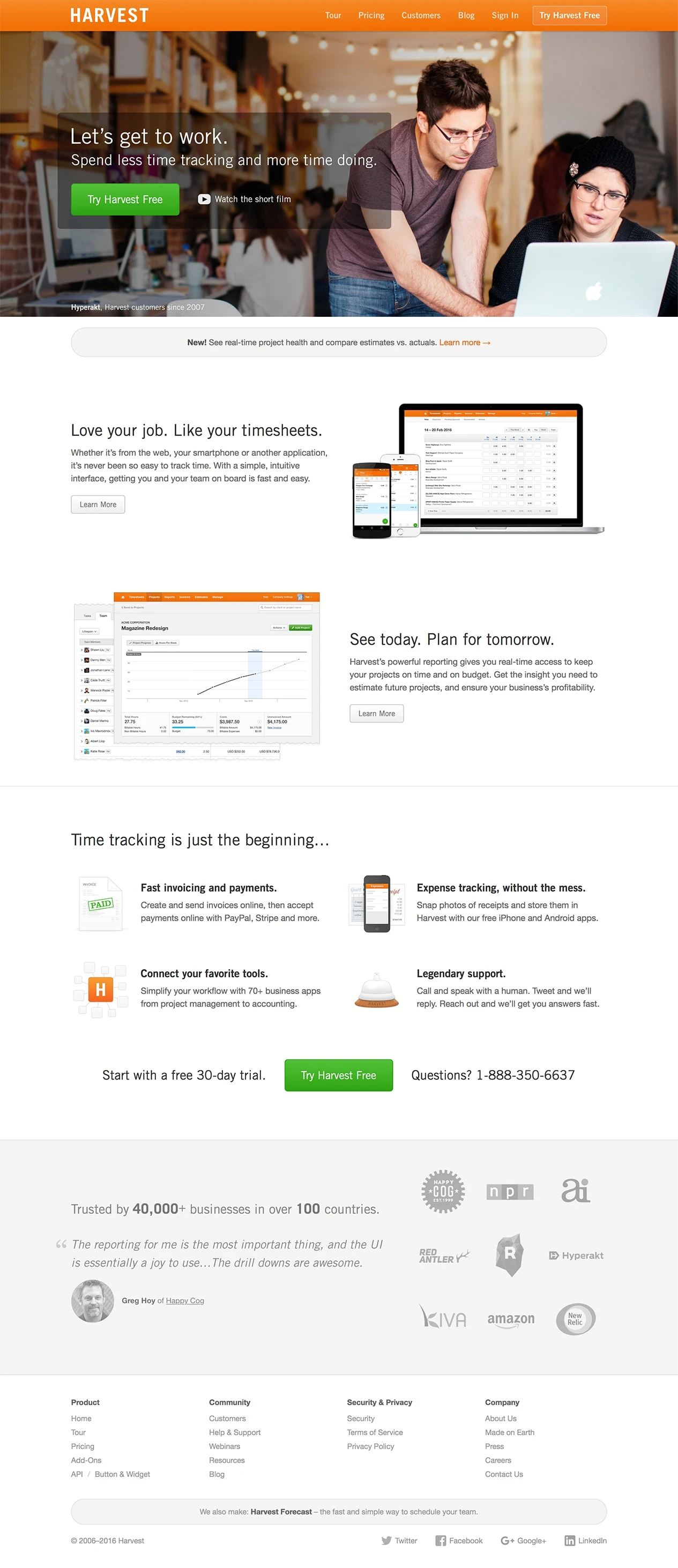 Harvest Landing Page Example: Simple time tracking, fast online invoicing, and powerful reporting software. Simplify employee timesheets and billing.
