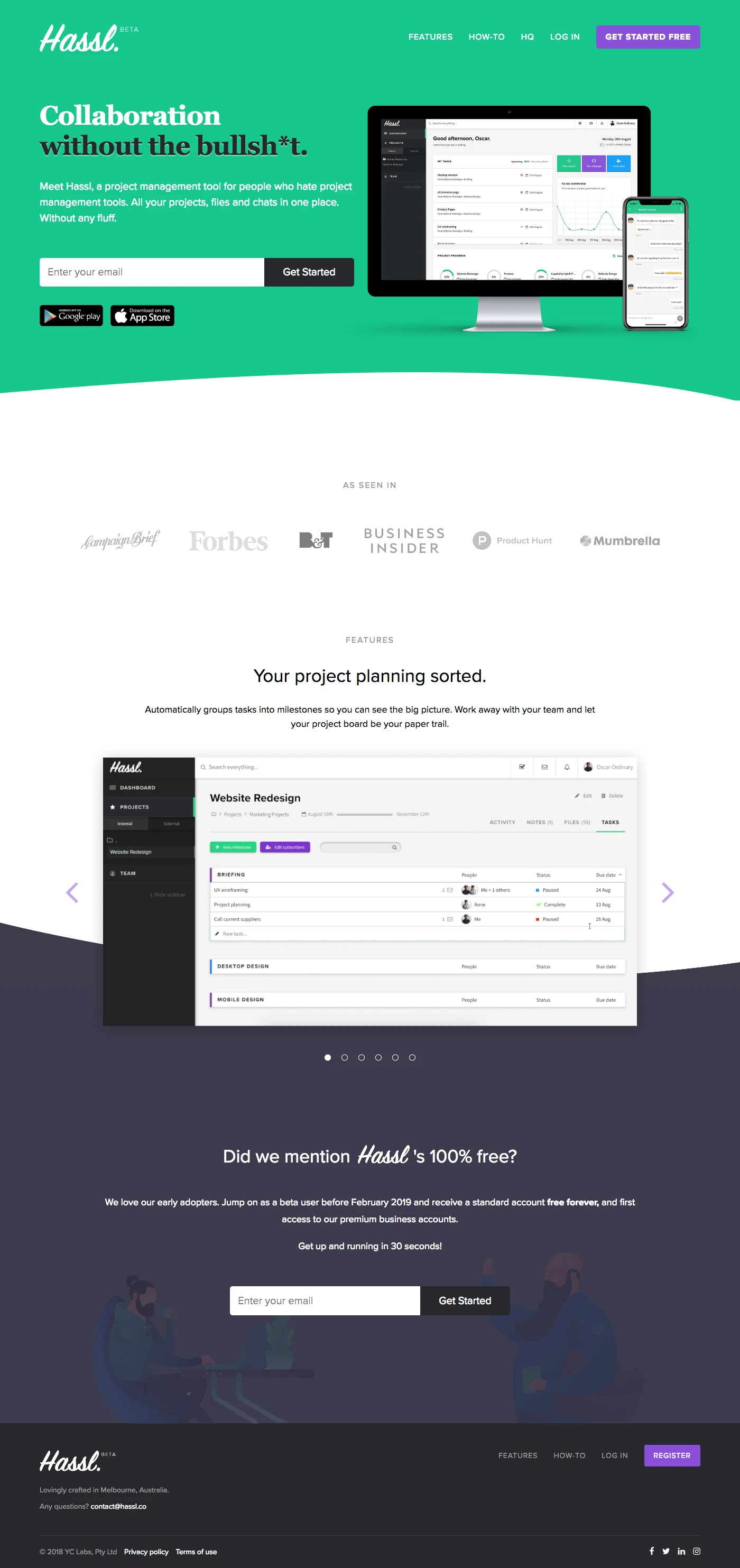 Hassl Landing Page Example: A project management tool for people who hate project management tools